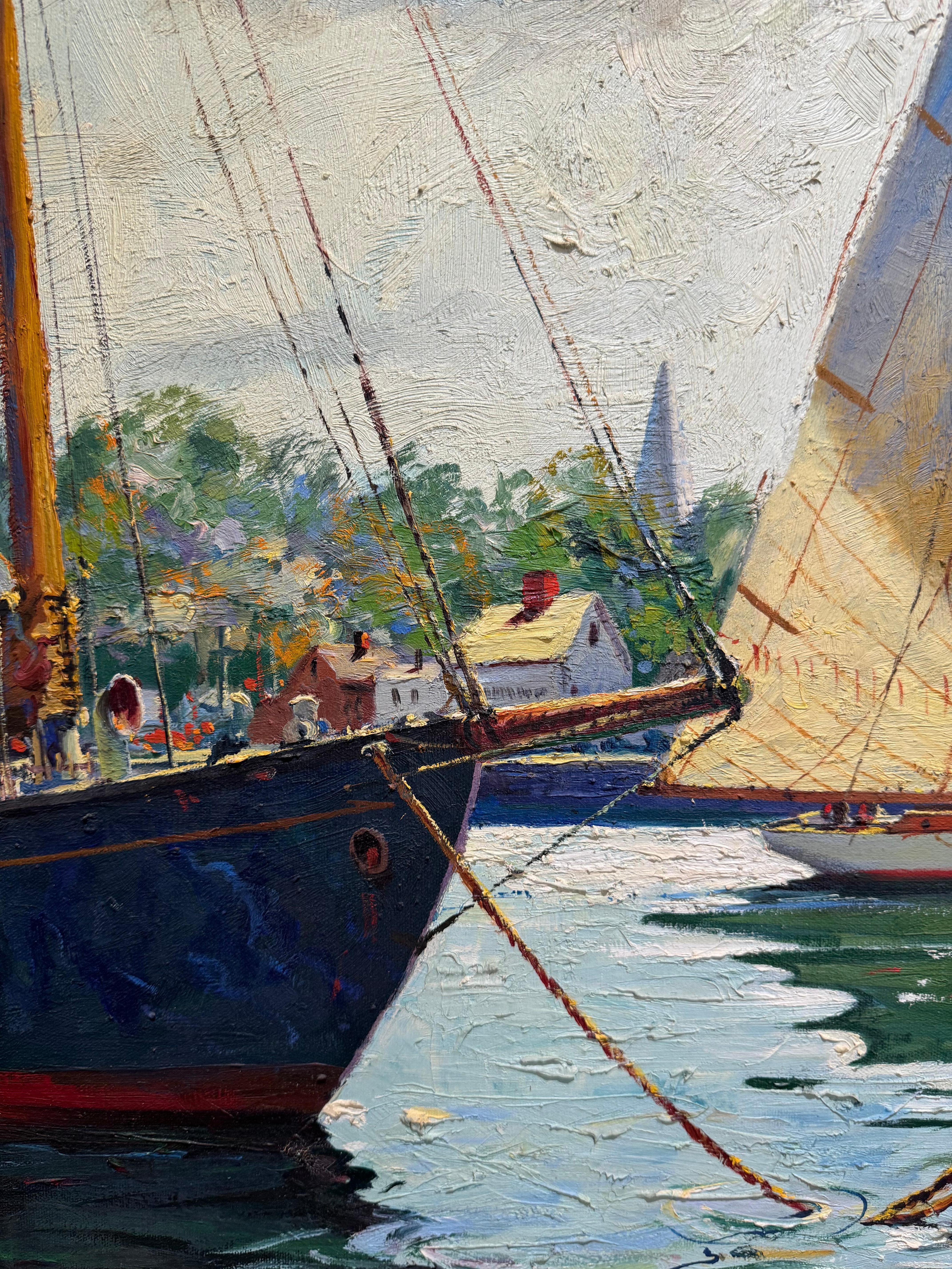 Grande dipinto impressionista fauvista GLOUCESTER Porto di barche a vela al molo in vendita 2