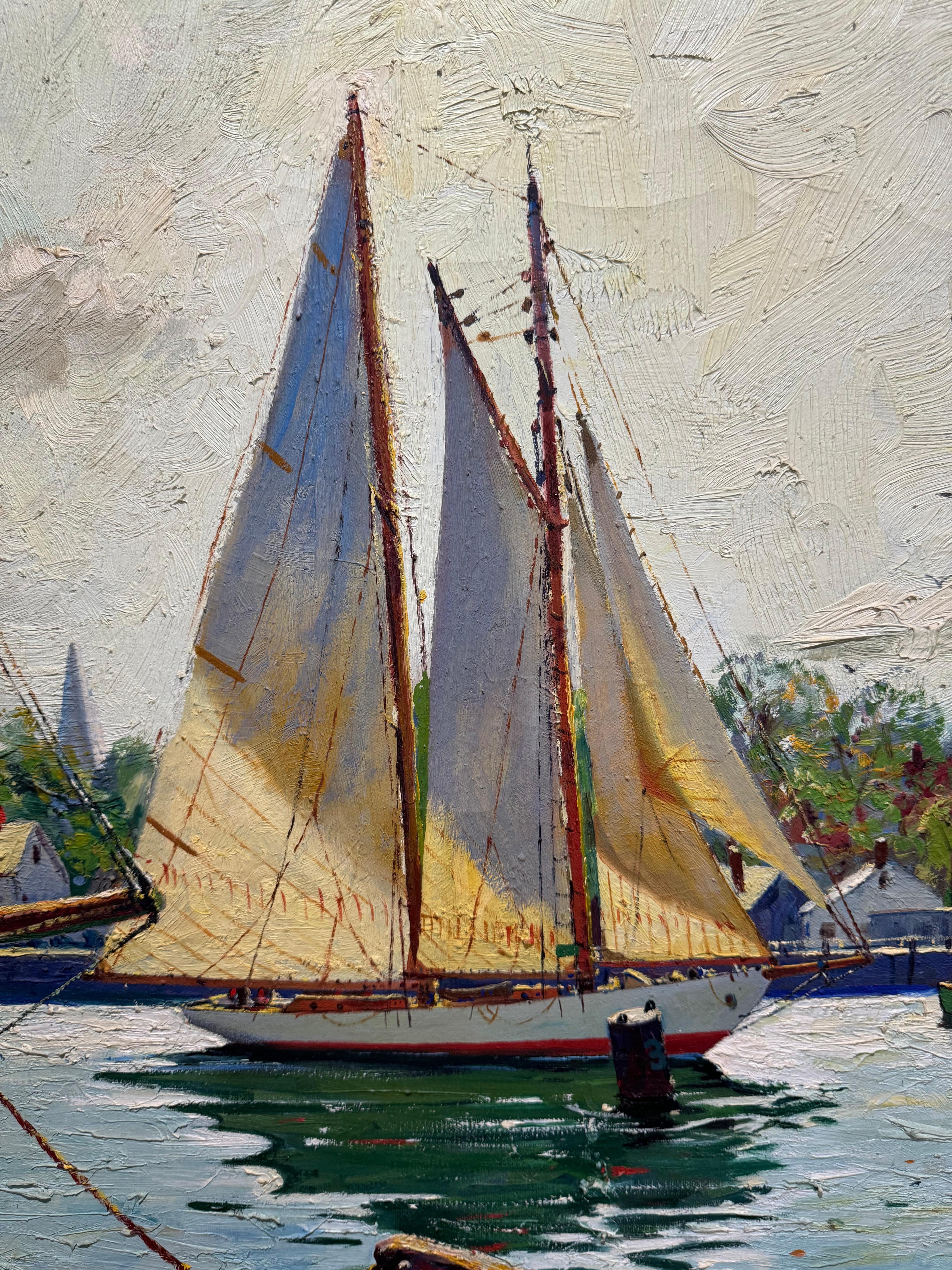 Grande dipinto impressionista fauvista GLOUCESTER Porto di barche a vela al molo in vendita 3