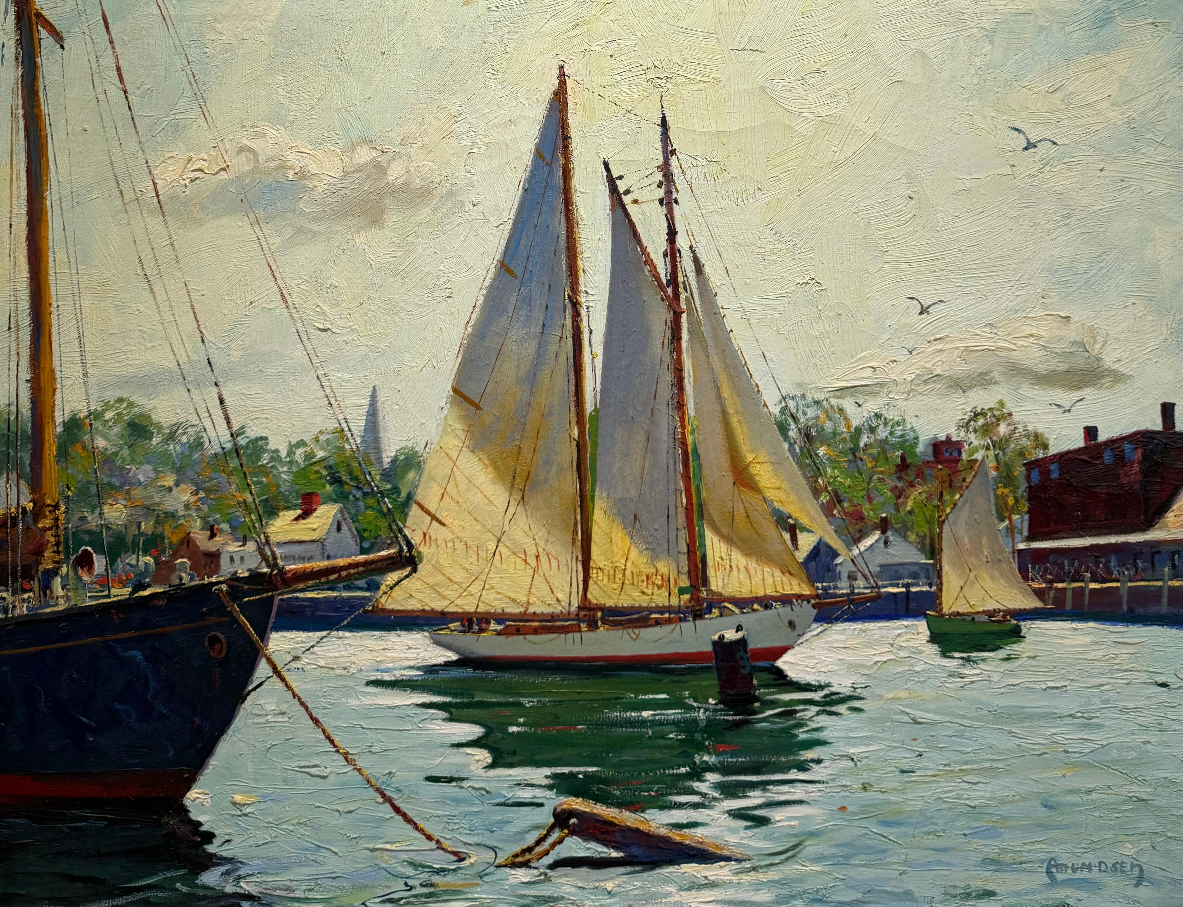 Grande dipinto impressionista fauvista GLOUCESTER Porto di barche a vela al molo in vendita 4