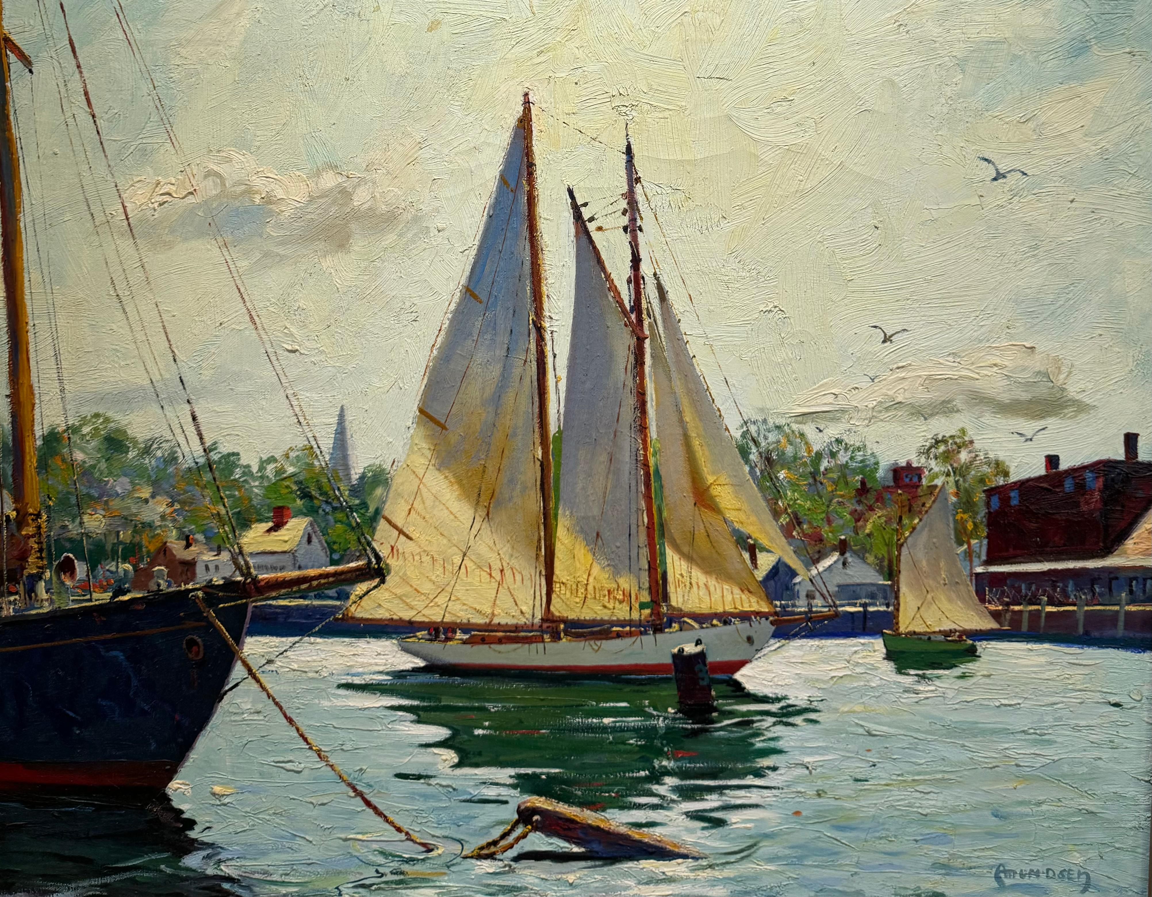Grande dipinto impressionista fauvista GLOUCESTER Porto di barche a vela al molo