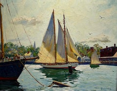 Grande dipinto impressionista fauvista GLOUCESTER Porto di barche a vela al molo
