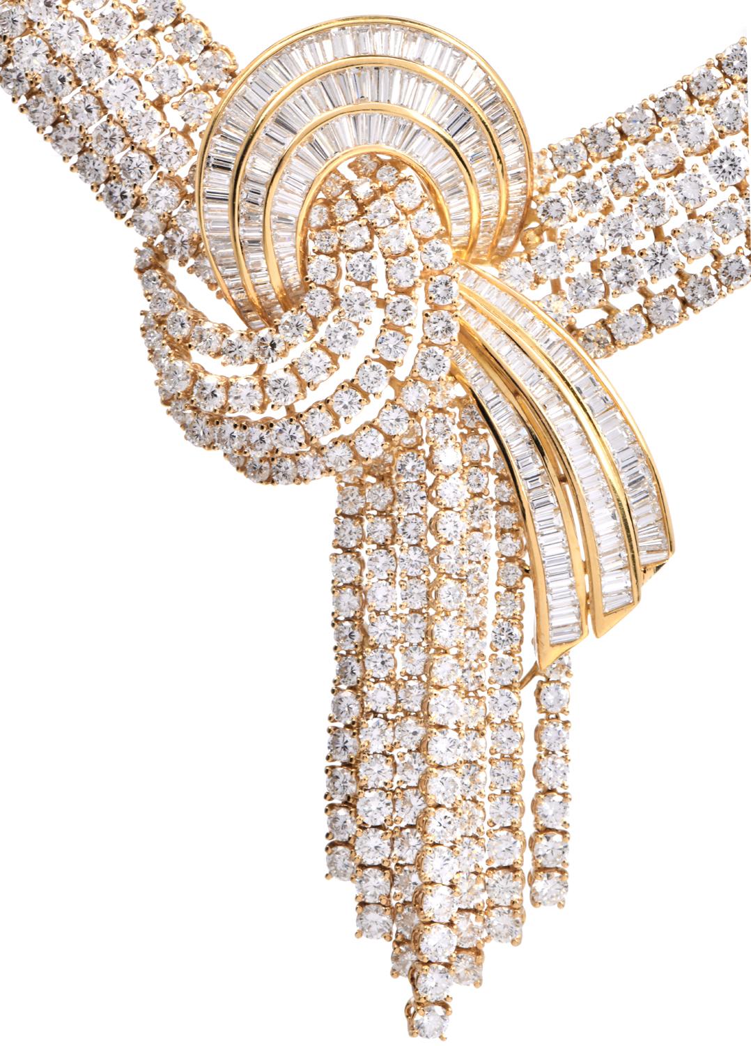 Round Cut  Capri 122.50 carats Diamond Scarf Knot 18K Statement Necklace  For Sale