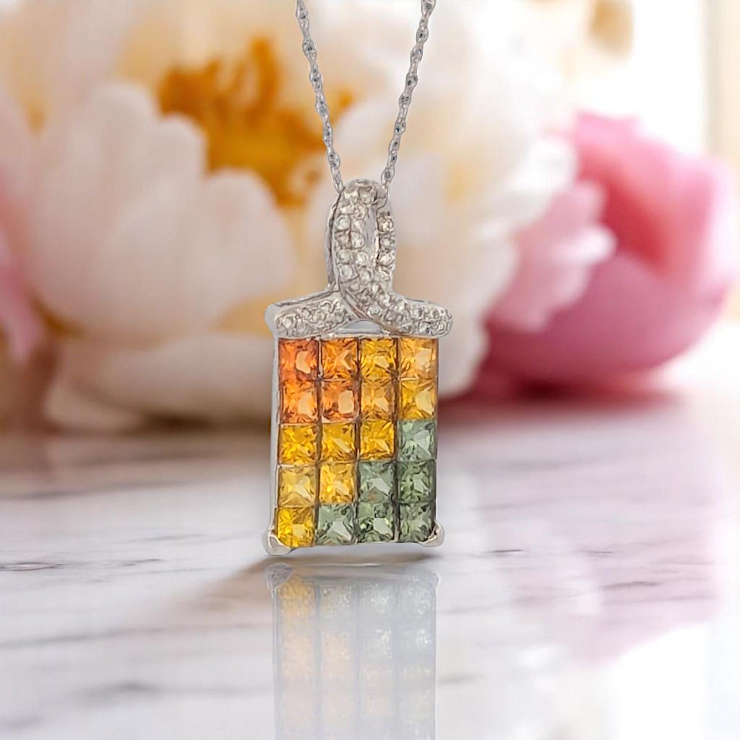 Pendentif Capri en or blanc 14 carats avec saphirs orange, jaune et verts Neuf - En vente à Greeneville, TN