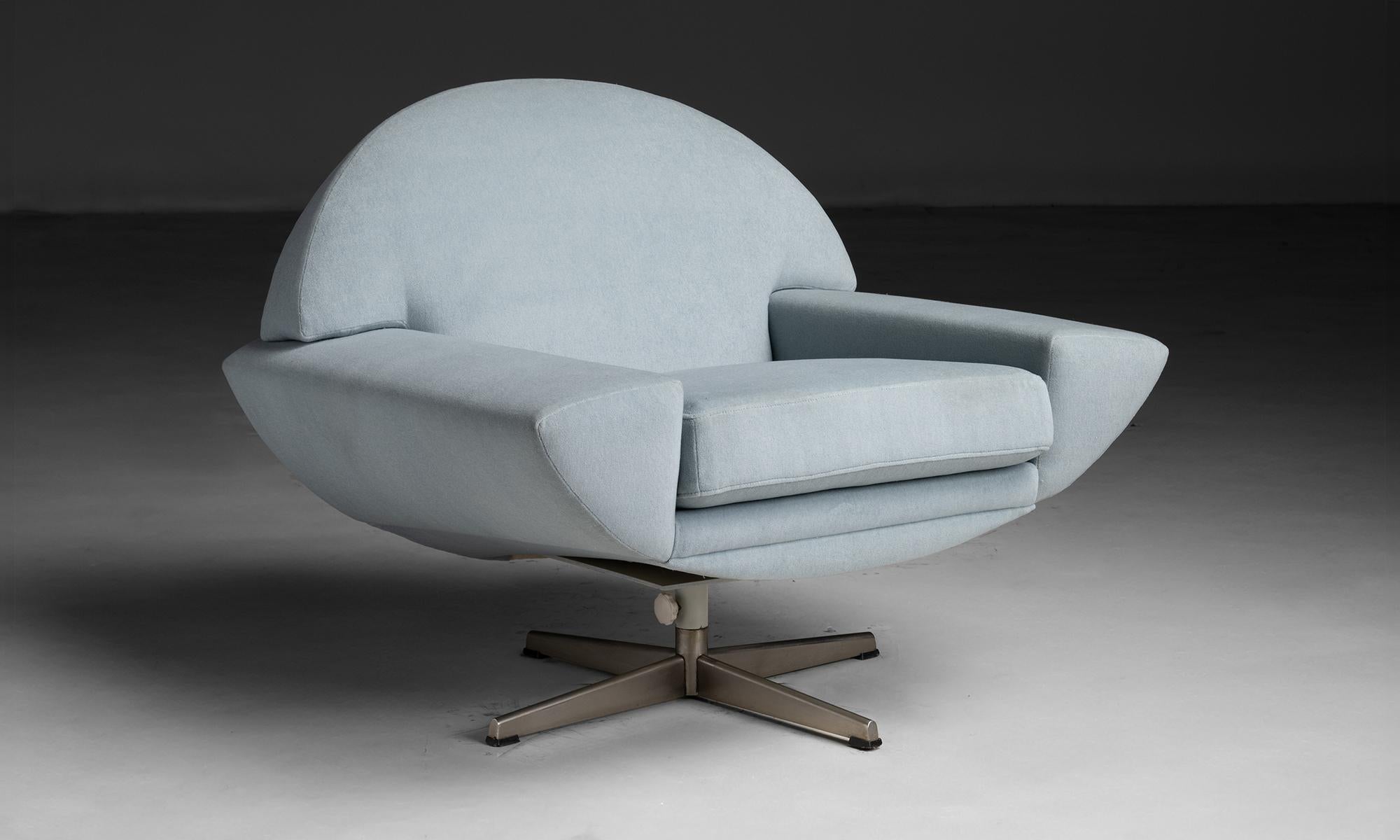 “Capri” Chair by Johannes Andersen
Denmark, 1958
Swivel lounge chair on chrome legs, newly upholstered in Rosemary Hallgarten velvet.
36”w x 30”d x 28”h x 17.5”seat