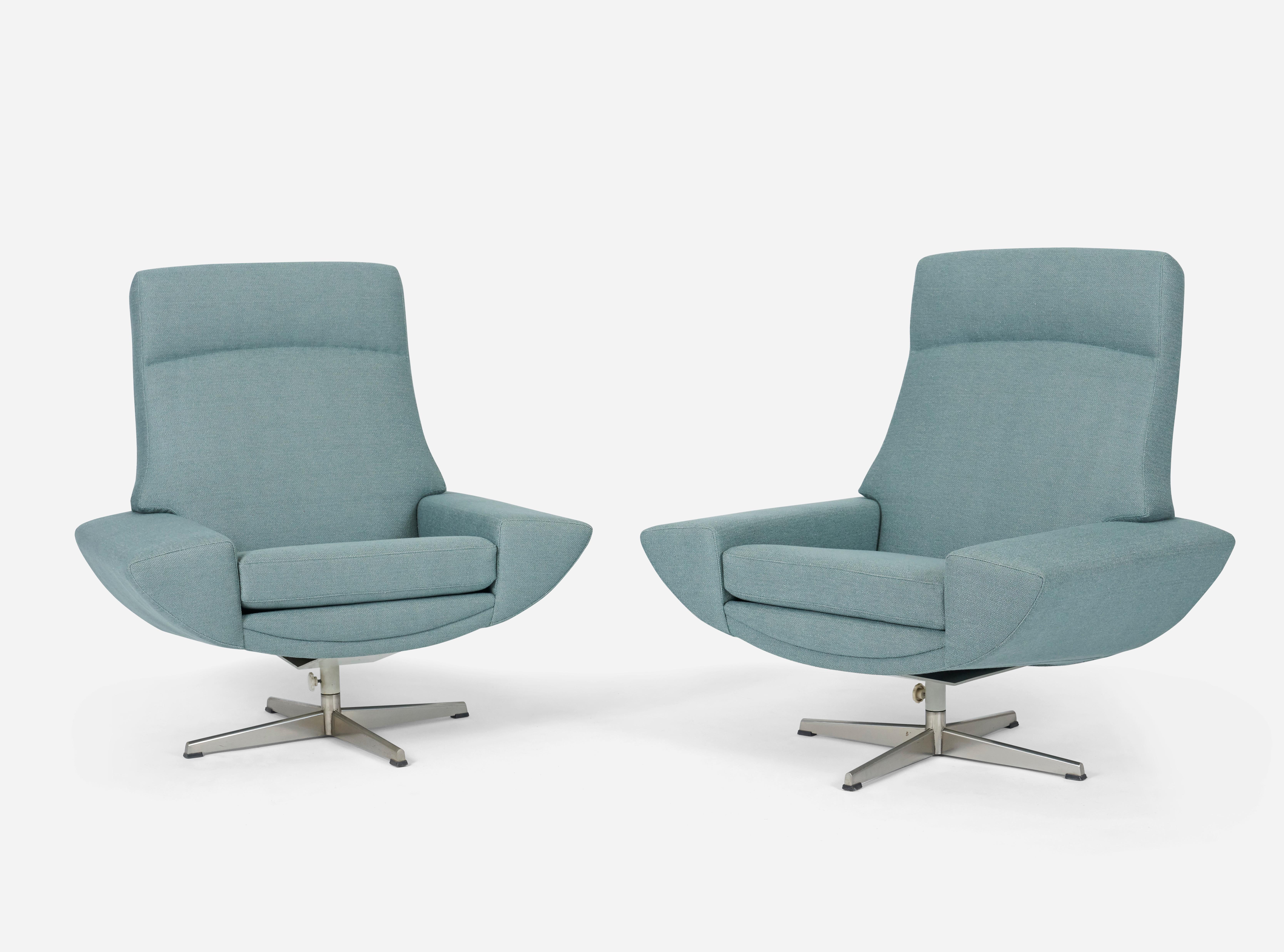 Pair of rare high back capri chairs. Designed by Johaness Anderson, 1958. Fully restored and reupholstered.