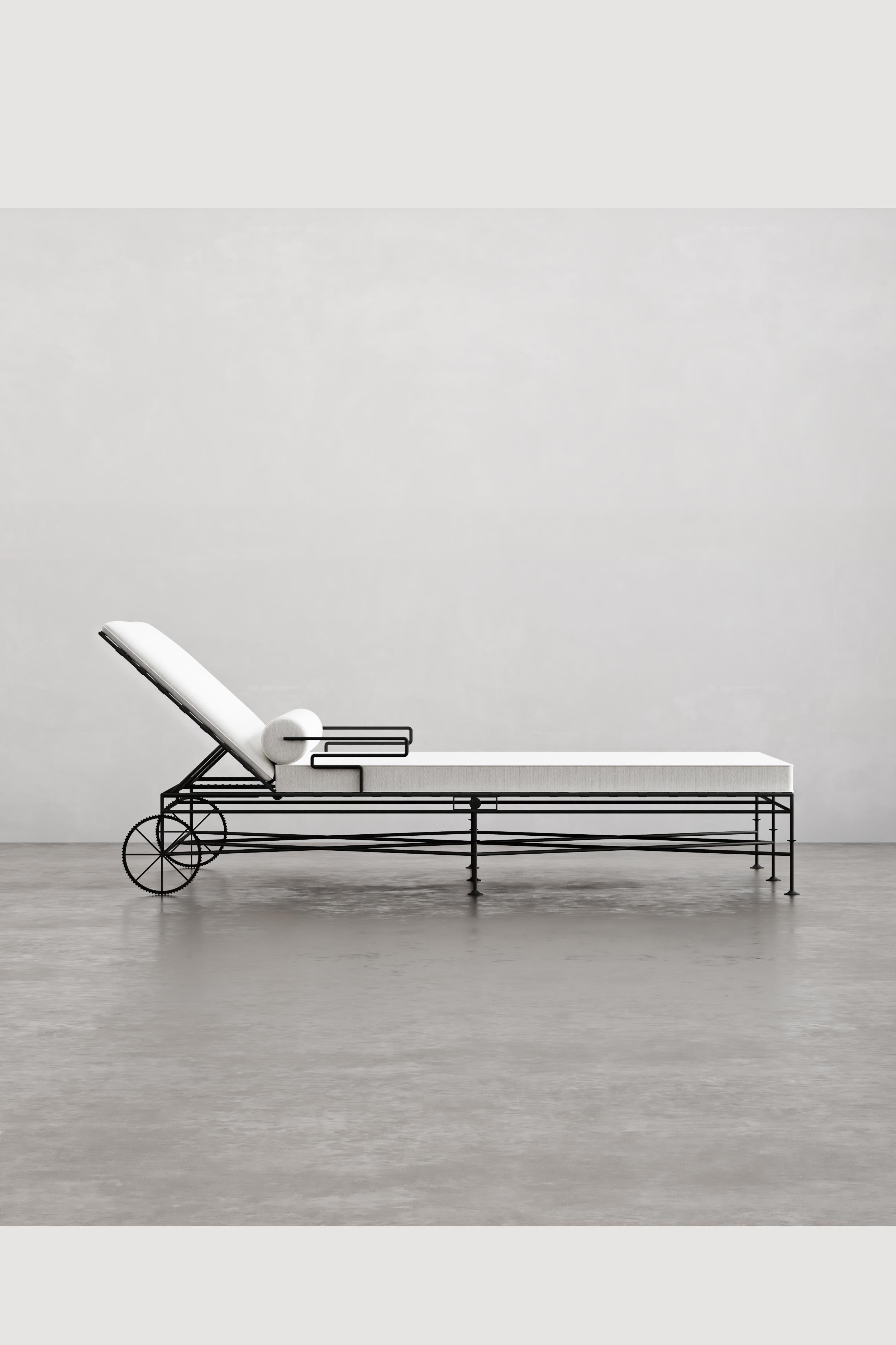 Hand-Carved Capri Double Chaise Lounge Floating Arm For Sale