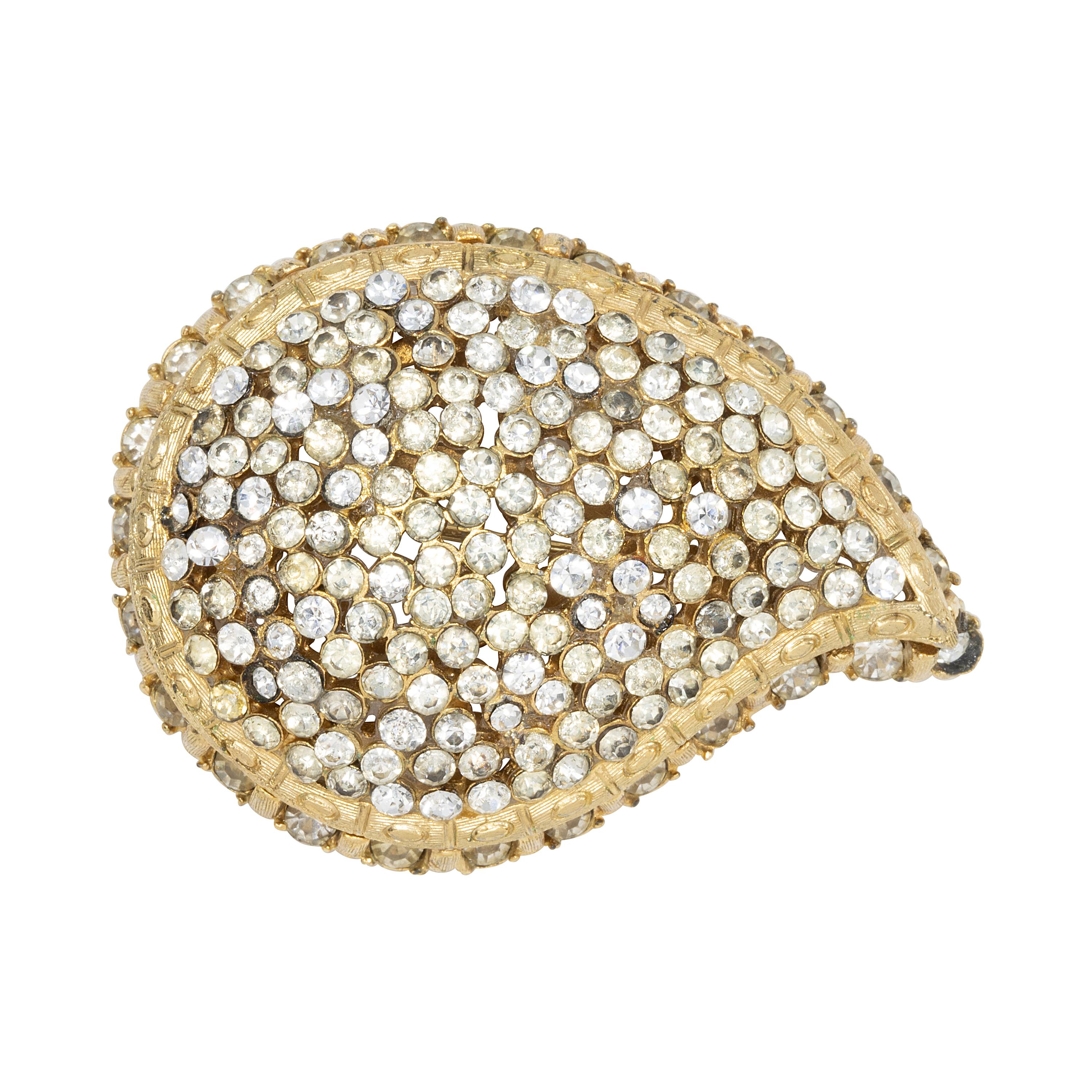 Capri Golden Paisley Pin Brooch with Clear Pave Crystals, 1960s For Sale