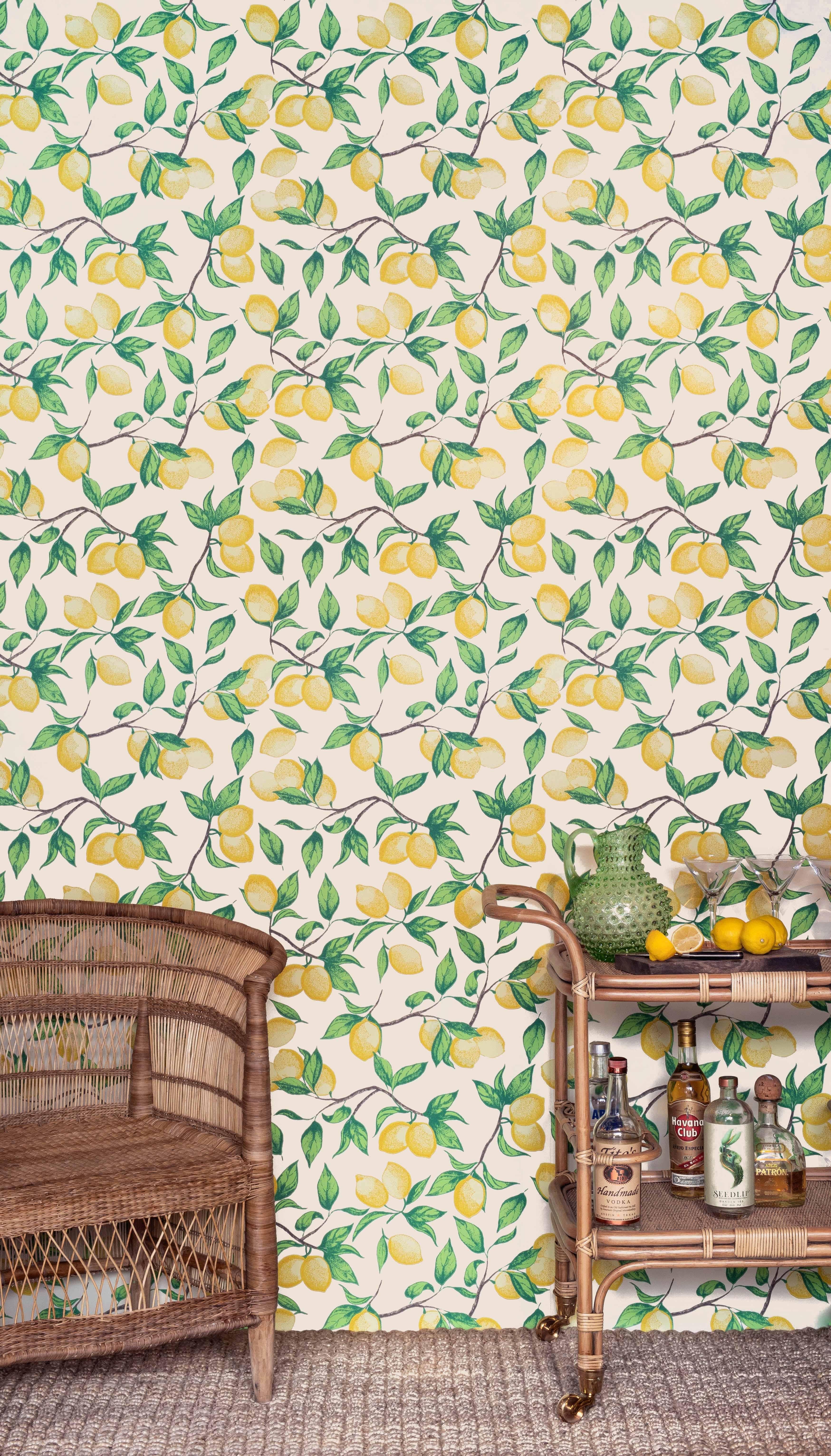 British 'Capri Lemons' Contemporary, Traditional Wallpaper in Natural For Sale