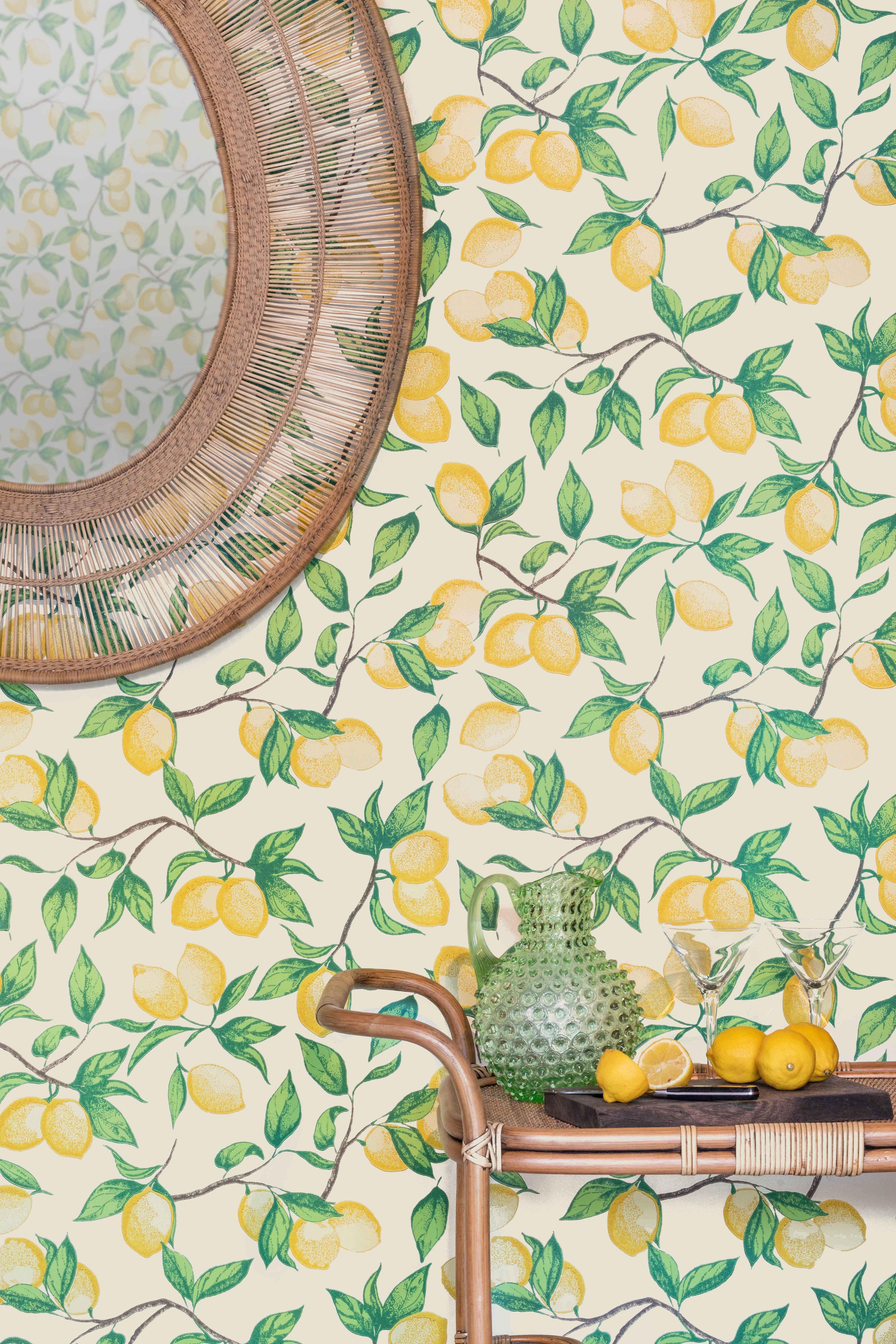 'Capri Lemons' Contemporary, Traditional Wallpaper in Natural In New Condition For Sale In Pewsey, Wiltshire