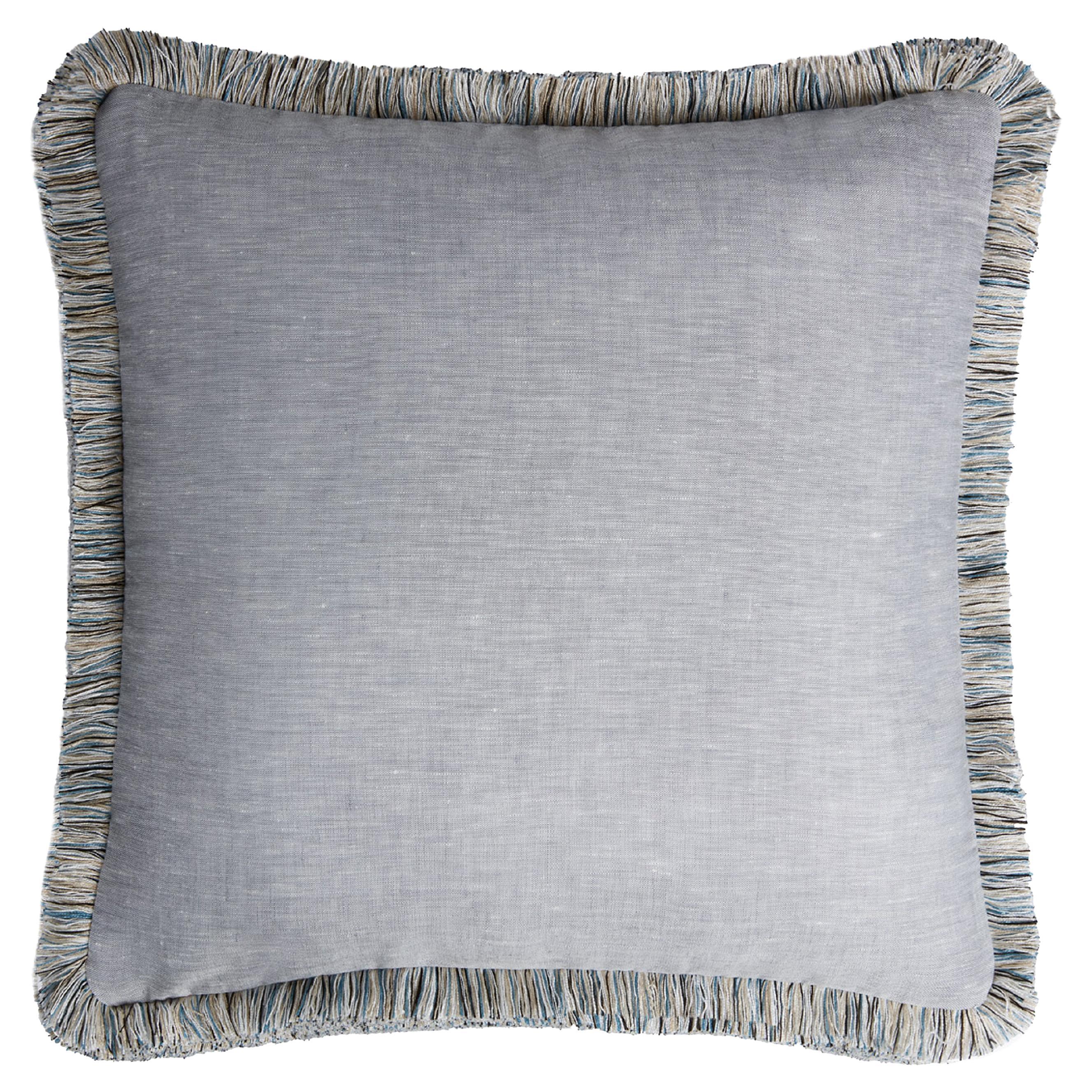 Capri Linen Pillow Grey with Multicolor Fringes For Sale