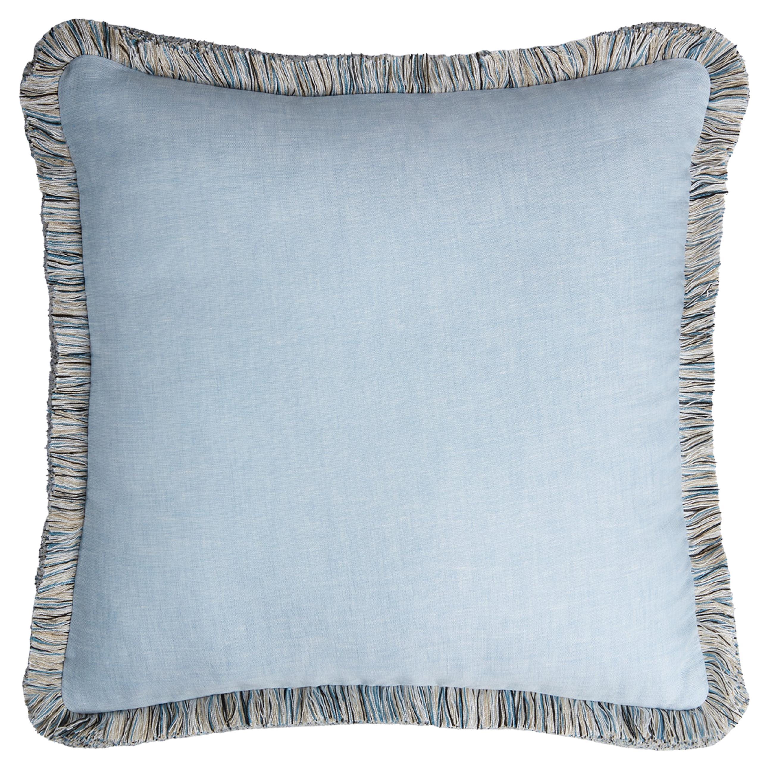 Capri Linen Pillow Light Blue with Multicolor Fringes For Sale