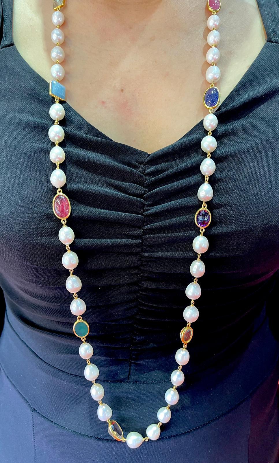 Oval Cut Bochic “Capri” Necklace, Gems & South Sea Pearls Set in 22 Gold & Silver For Sale