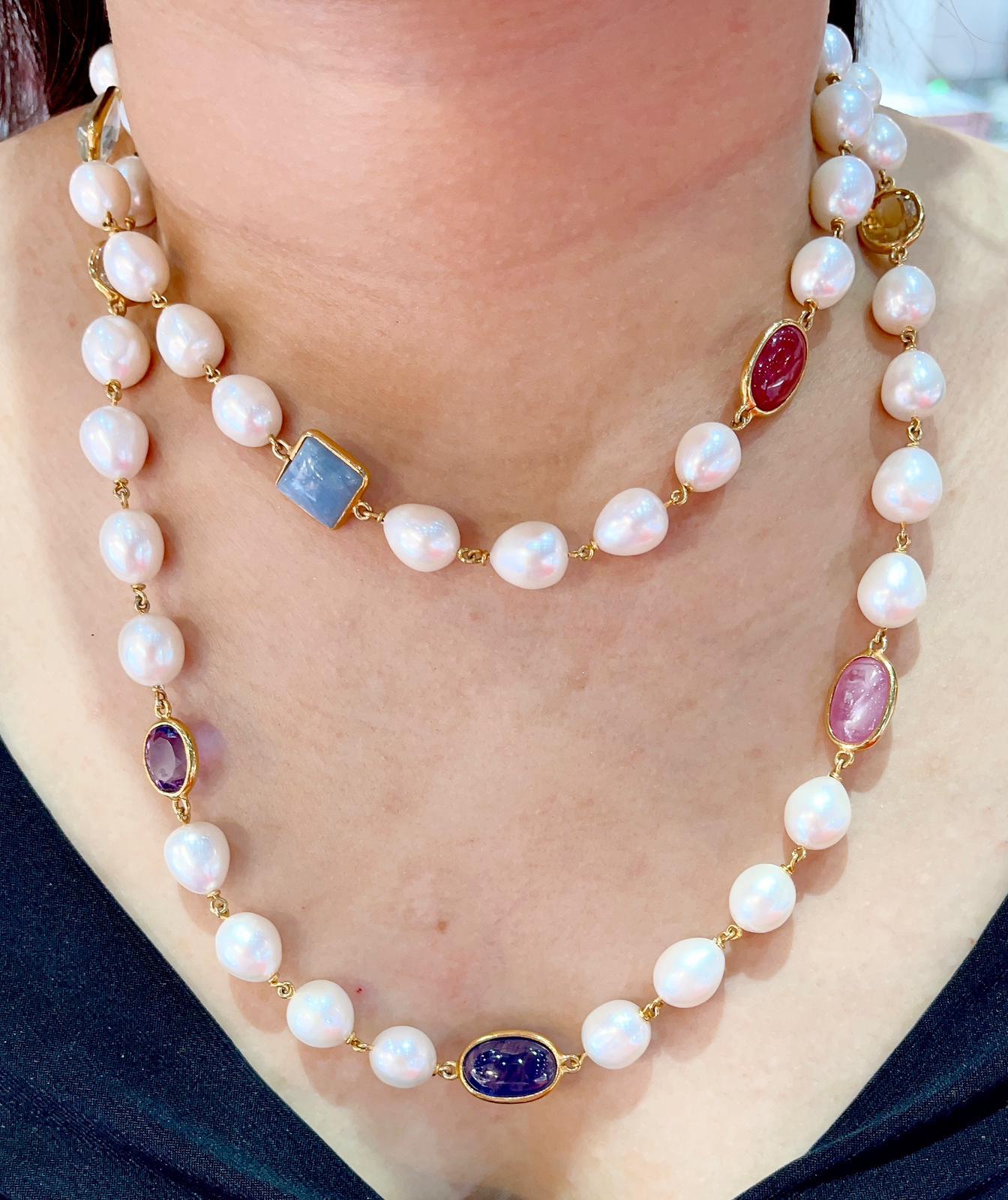 Bochic “Capri” Necklace, Gems & South Sea Pearls Set in 22 Gold & Silver For Sale