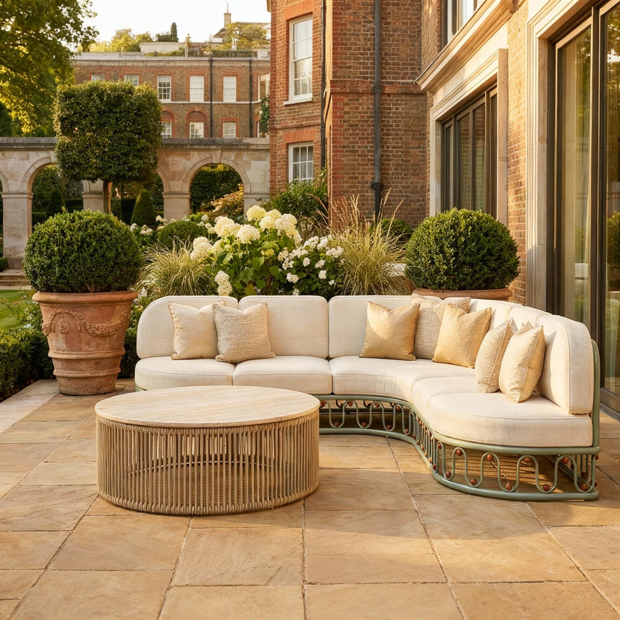 Moderne Table basse d'extérieur Capri - Plateau en travertin et base en cordon Idéal pour les salons en vente