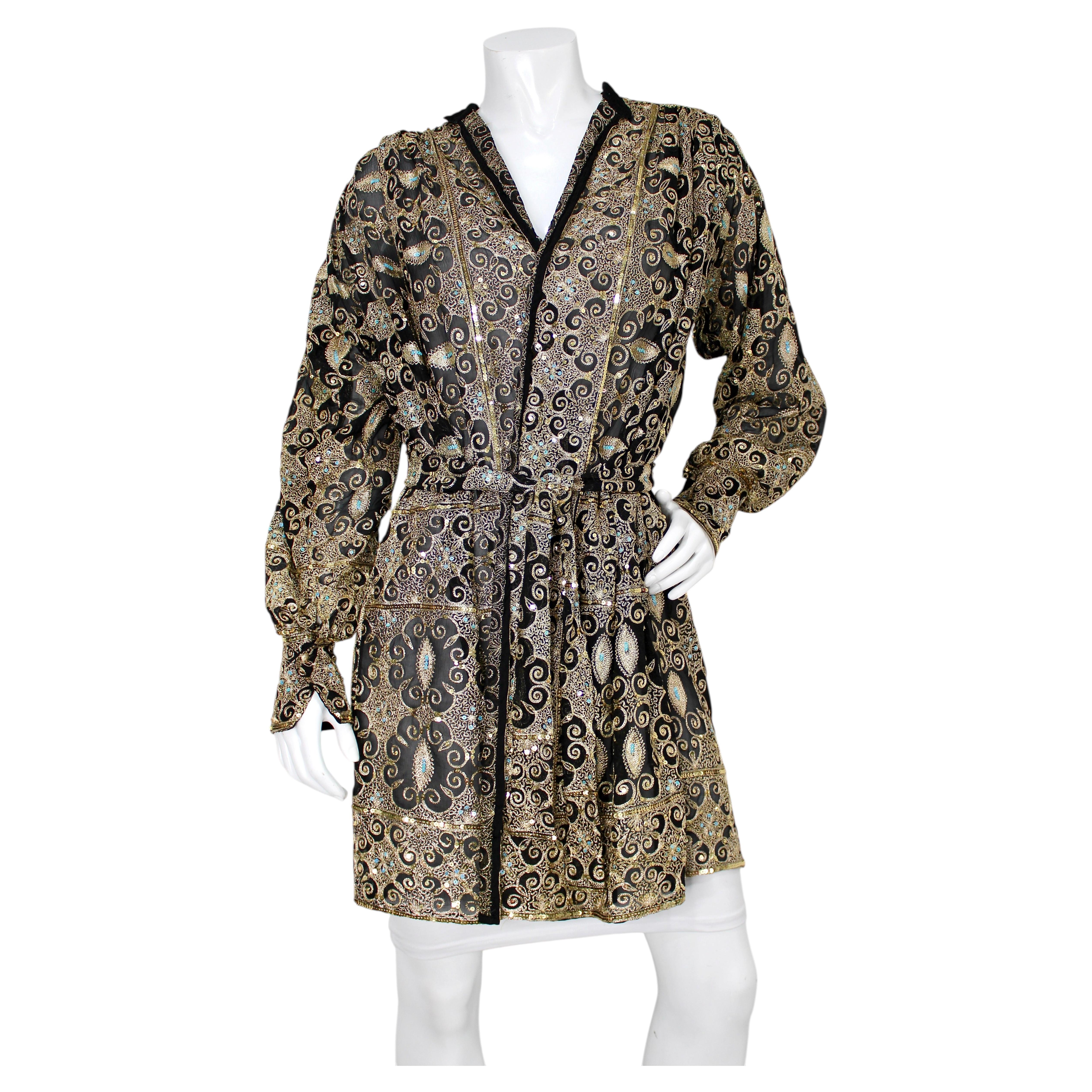 Capriccio Black Silk & Gold-Tone Embroidered Sequin Belted Cardigan circa 1980s For Sale