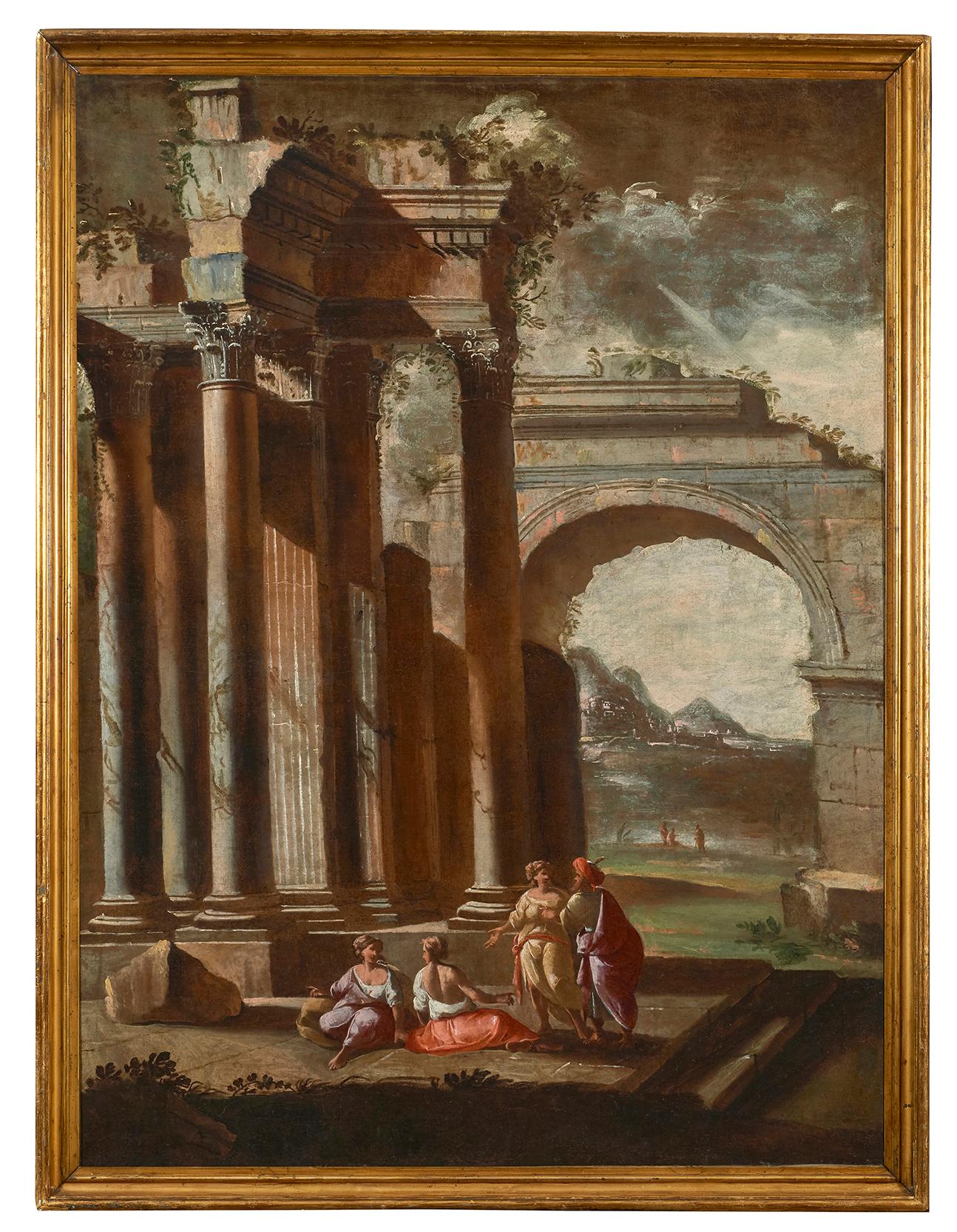 Painting oil on canvas depicting an architectural capriccio measuring 133 x 99 cm without frame and 141 x 107 with frame of the painter Alberto Carlieri (Rome 1672-1719) .

This impressive architectural capriccio consists of the remains of an