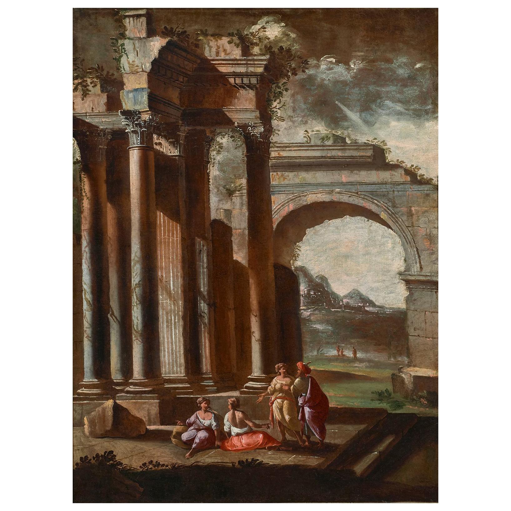 Capriccio, Carlieri 18th Century Oil on Canvas Architectural Capriccio Painting