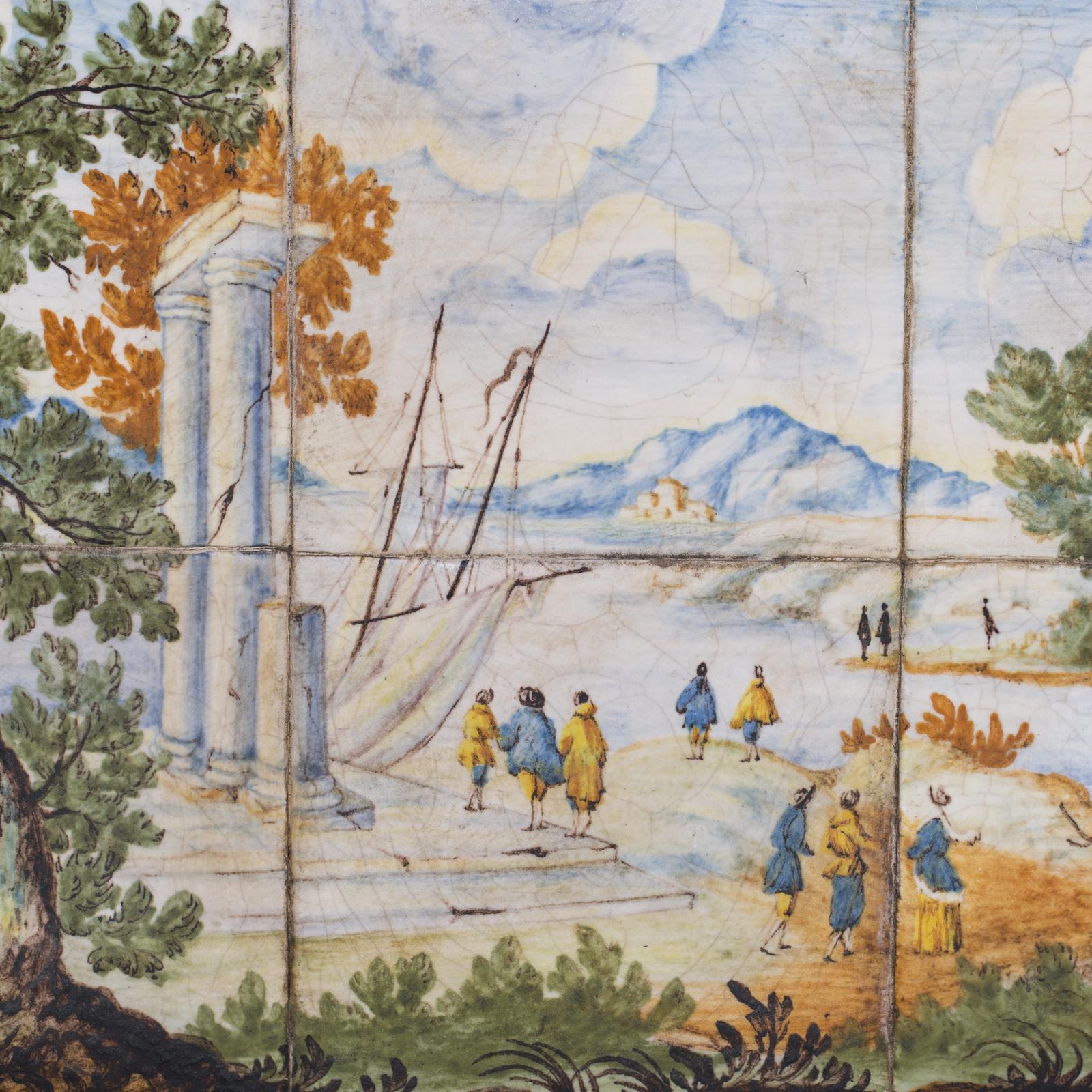 Charming capriccio composed of six small ceramic tiles, painted by the expert ceramic artists of Manetti e Masini, in Florence. Paintings with ruins and landscapes were especially common in Florence and Rome as souvenirs for those fortunate that, in