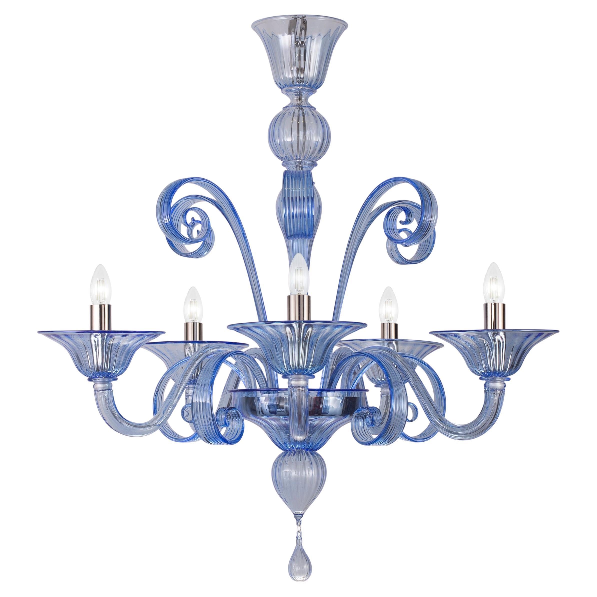 Capriccio Chandelier 5 Arms Blue Artistic Murano Glass by Multiforme For Sale