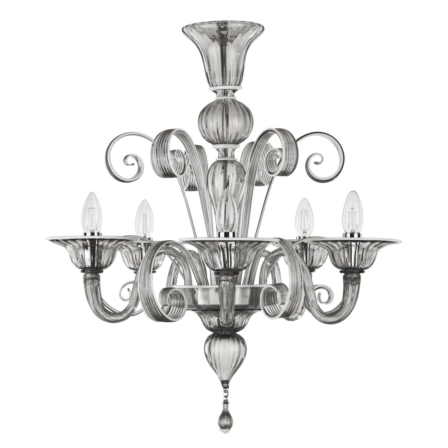 Italian Chandelier 5 arms Grey Murano Glass White finishing by Multiforme