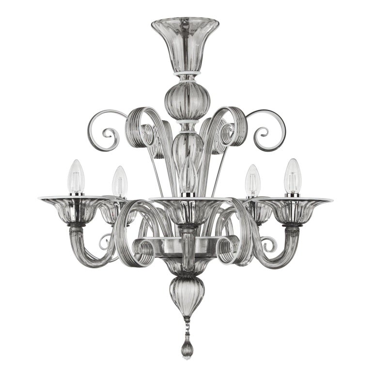 Italian Chandelier 5 arms Grey Murano Glass White finishing by Multiforme For Sale