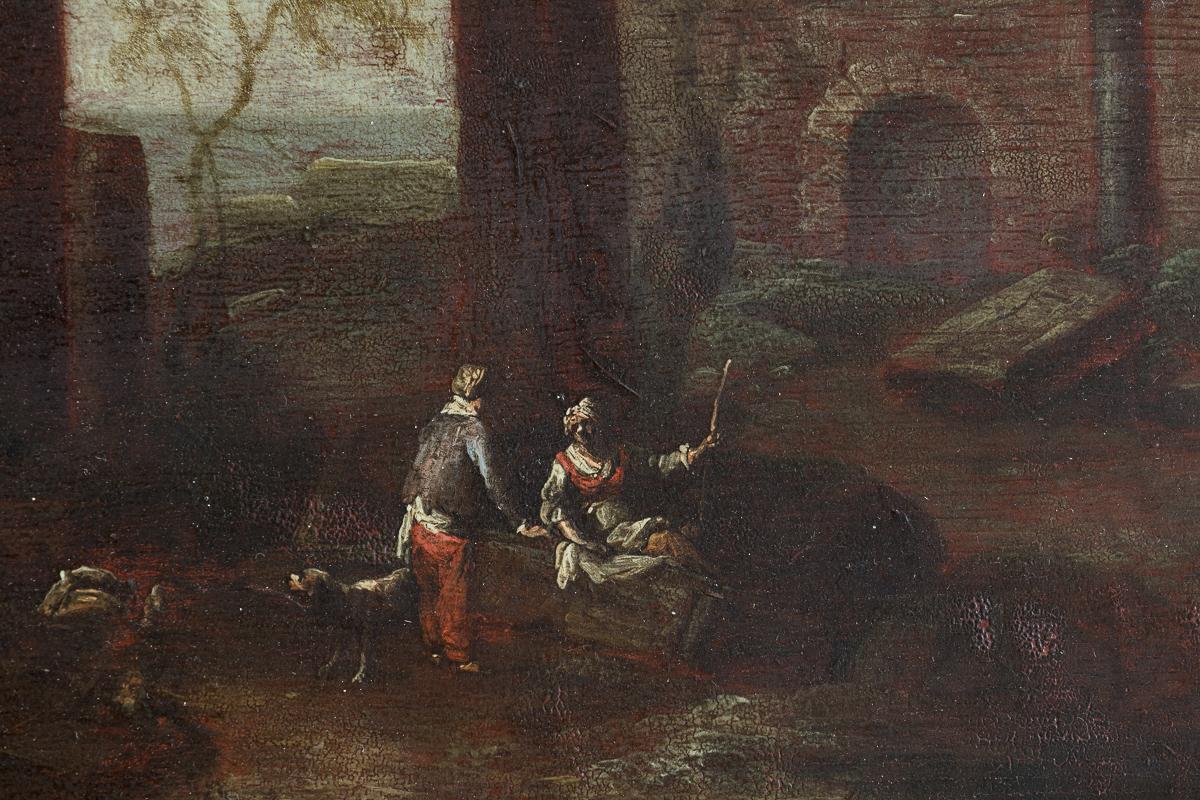 Capriccio einer architektonischen Ruine in Öl auf Leinwand aus dem frühen 18.

In einem späteren Rahmen mit einer kleinen Messingschlaufe, die eine arkadische Landschaft mit Hirten und ihren Hunden inmitten kleiner Waldbäume vor hoch aufragenden