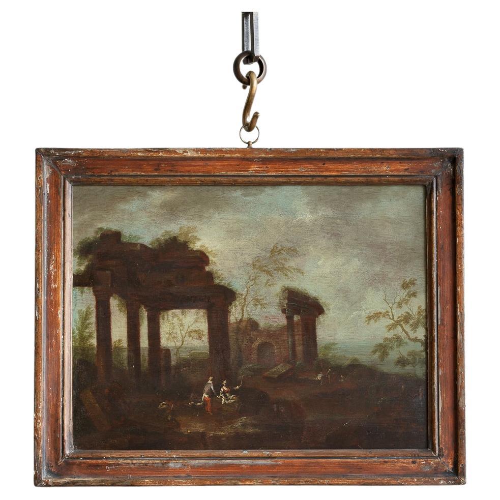 Capriccio di rovine architettoniche, dipinto a olio su pannello, inizio XVIII secolo