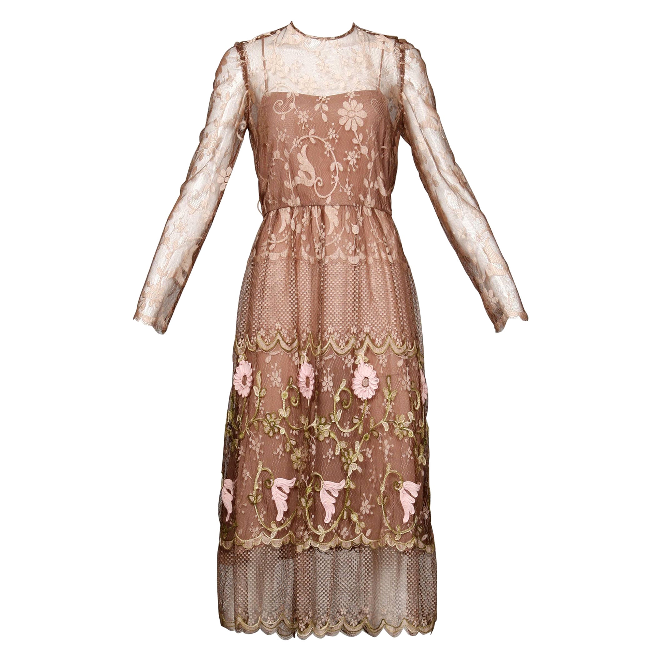 Capriccio Vintage Taupe Embroidered Flower Lace Dress with Scalloped Hem For Sale
