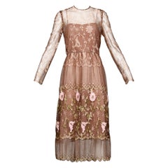 Capriccio Vintage Taupe Embroidered Flower Lace Dress with Scalloped Hem