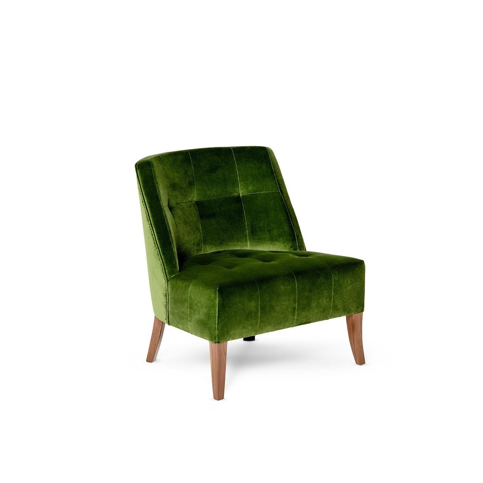 Caprice Armchair by Munna
Dimensions: D 72 x W 70 x H 77 cm. SH: 42 cm.
Materials: Solid walnut, foam, brass, and upholstery.
Finish: Cotton Velvet, ref. Emerald, CV09, walnut varnish in matt legs, and Old Gold Speckled feet covers.

Available in