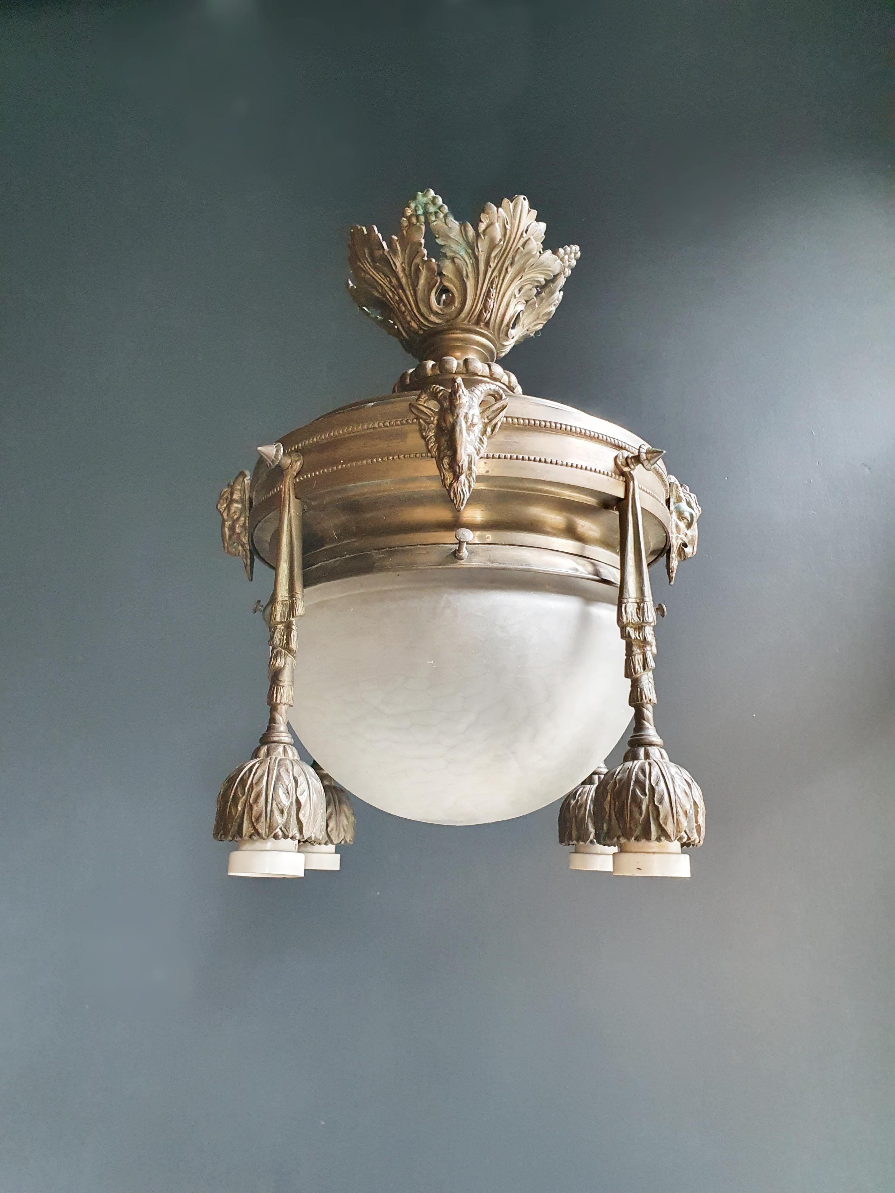 German Capricorn Antique Art Nouveau Brass Bronze Chandelier Rarity Glass