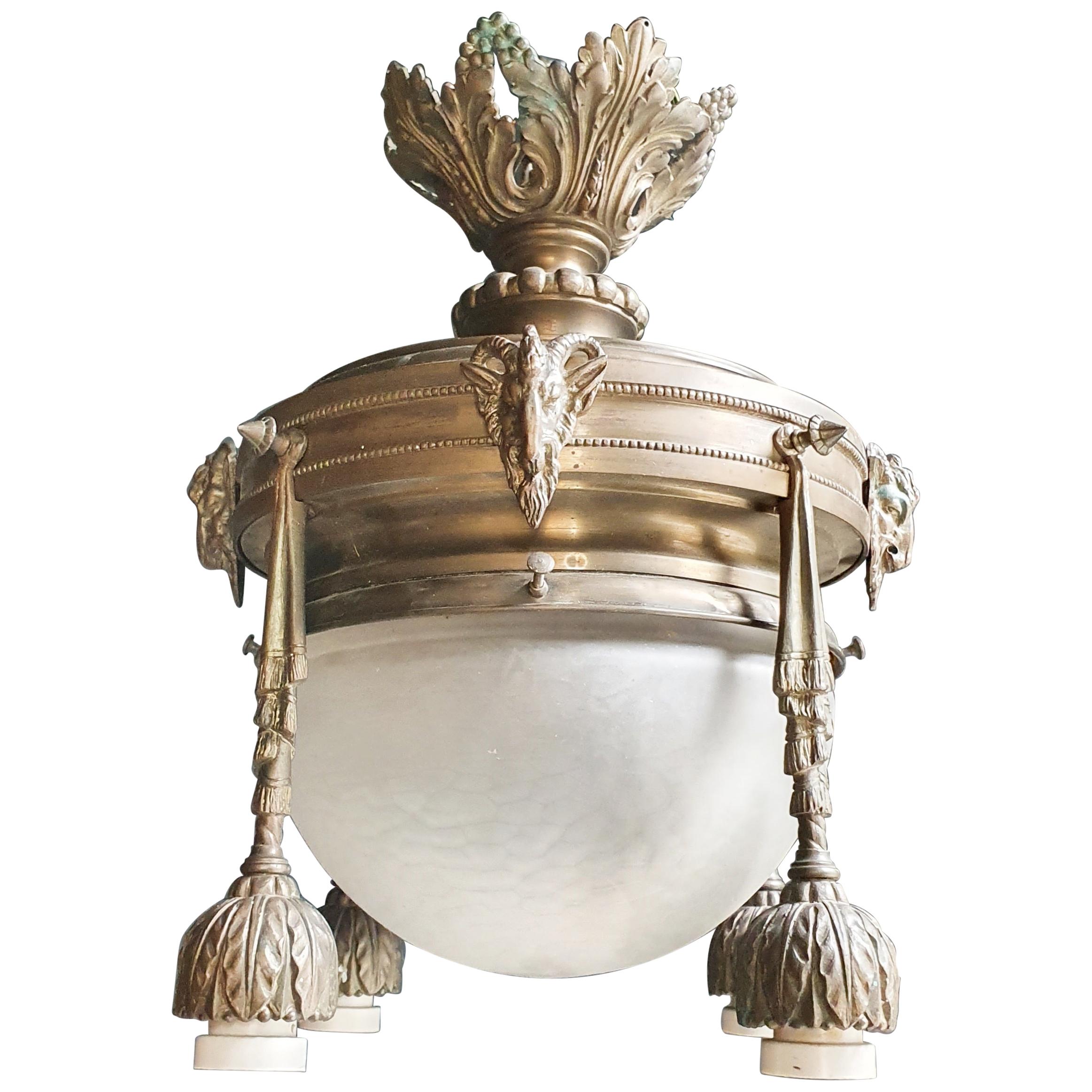Capricorn Antique Art Nouveau Brass Chandelier Lustre Ceiling Lamp Rarity