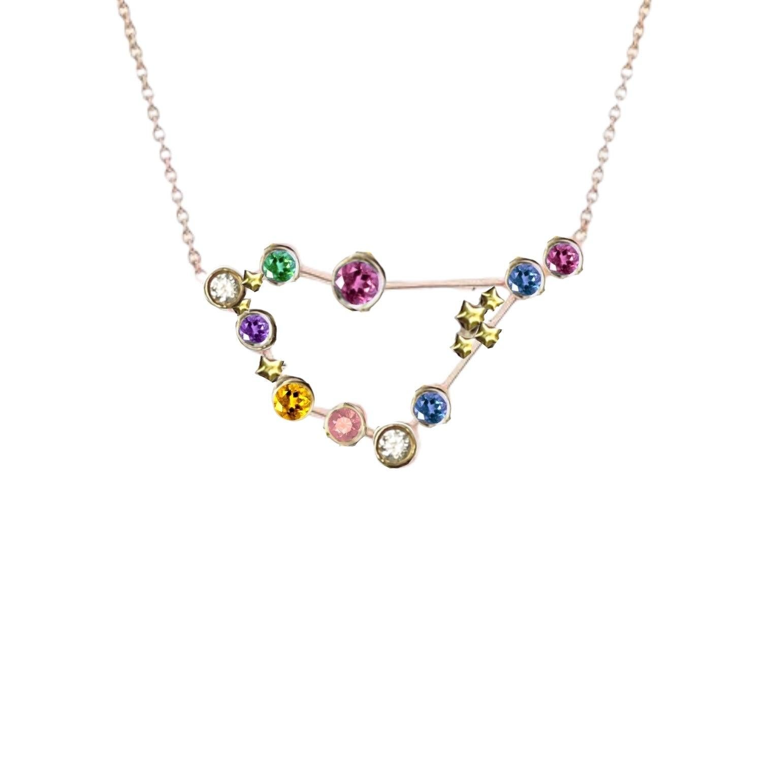 Modern Capricorn Constellation Necklace with diamonds and multicoloured sapphires 18K G