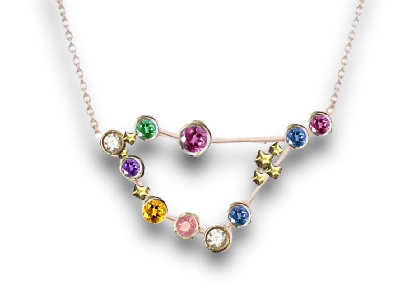 Brilliant Cut Capricorn Constellation Necklace with diamonds and multicoloured sapphires 18K G