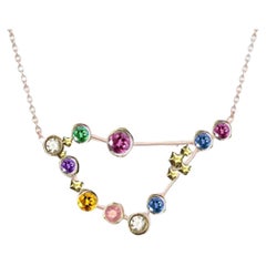 Capricorn Constellation Necklace with diamonds and multicoloured sapphires 18K G