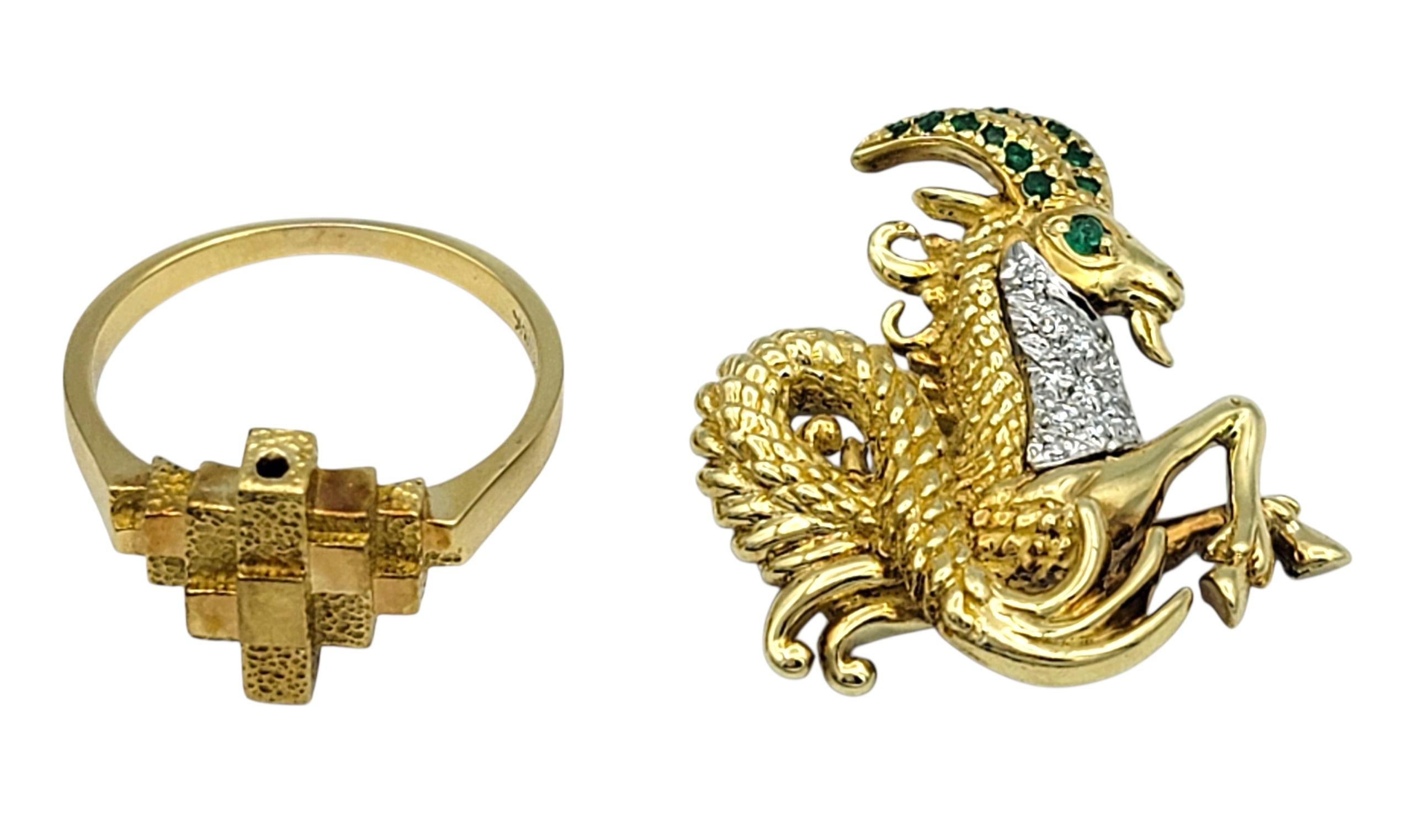 da uomo o donna Anello / Spilla convertibile Capricorno Sea Goat in oro giallo 18 carati lucido in vendita