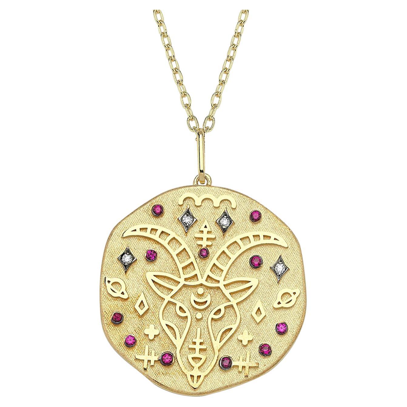 Capricorn Zodiac Charm Necklace Lucky Stone Diamond and Ruby 14K Yellow Gold For Sale