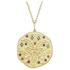 Capricorn Zodiac Charm Necklace Lucky Stone Diamond and Ruby 14K Yellow Gold