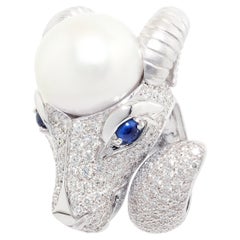 Capricorn Zodiac Cocktail Ring Diamonds Pearl Design by Ella Gafter