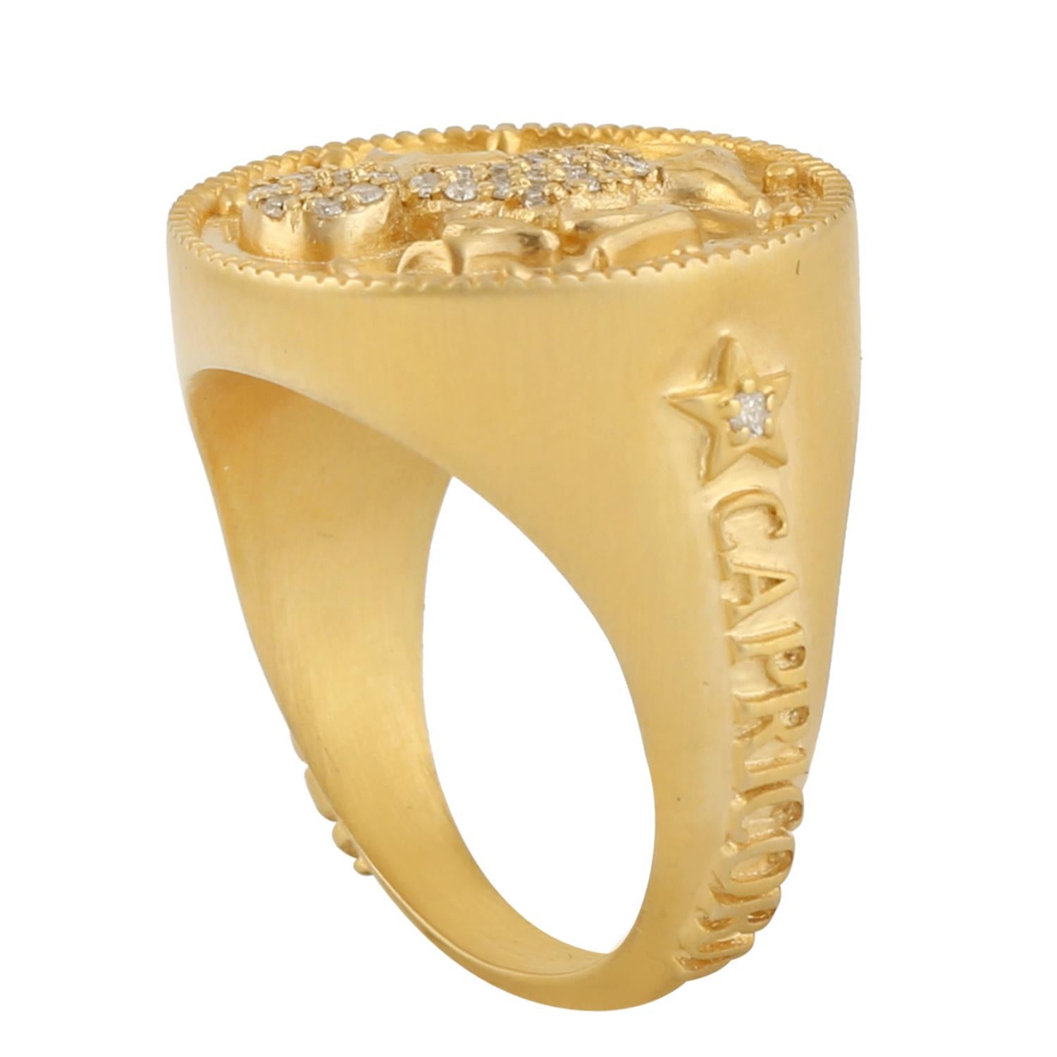 Mixed Cut Capricorn Zodiac Ring with Natural Pave Diamonds Made in Yellow Gold For Sale