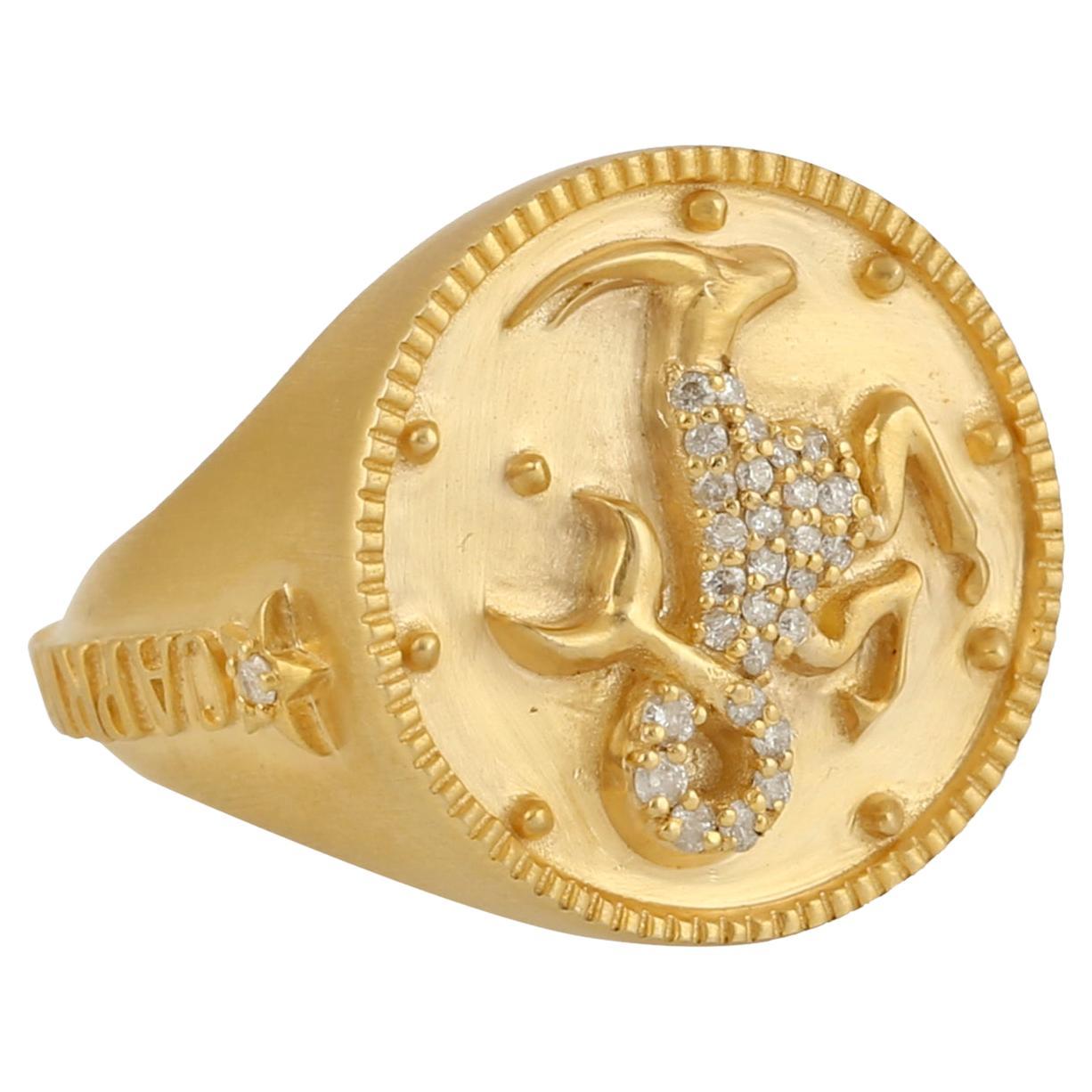 Capricorn Zodiac Ring with Natural Pave Diamonds Made in Yellow Gold For Sale