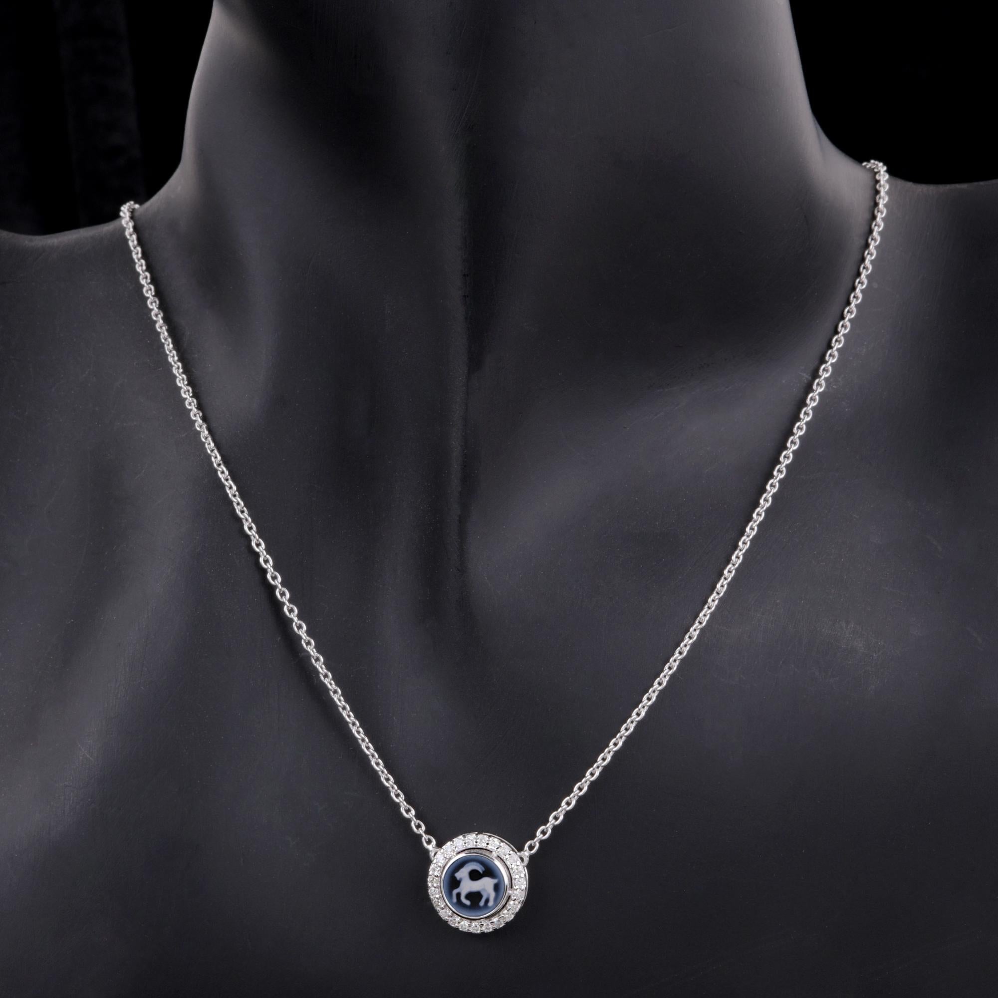 Round Cut Capricorn Zodiac Sign H/SI Diamond Astrological Pendant 14k White Gold Necklace For Sale