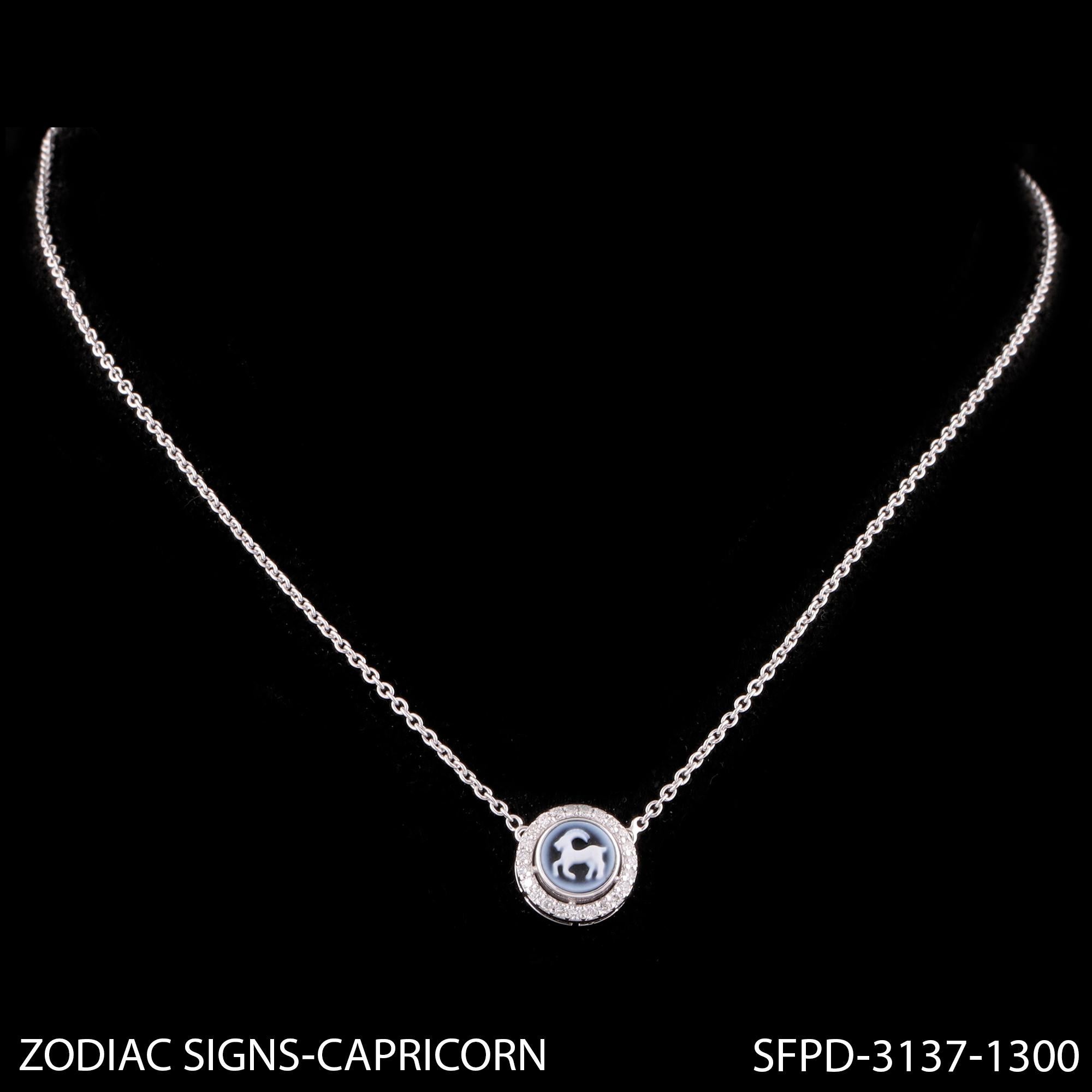 Modern Capricorn Zodiac Sign H/SI Diamond Astrological Pendant 14k White Gold Necklace For Sale