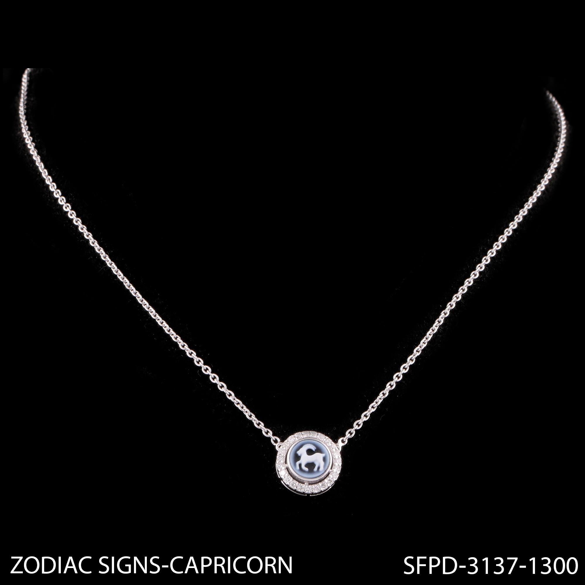 Women's Capricorn Zodiac Sign H/SI Diamond Astrological Pendant 14k White Gold Necklace For Sale
