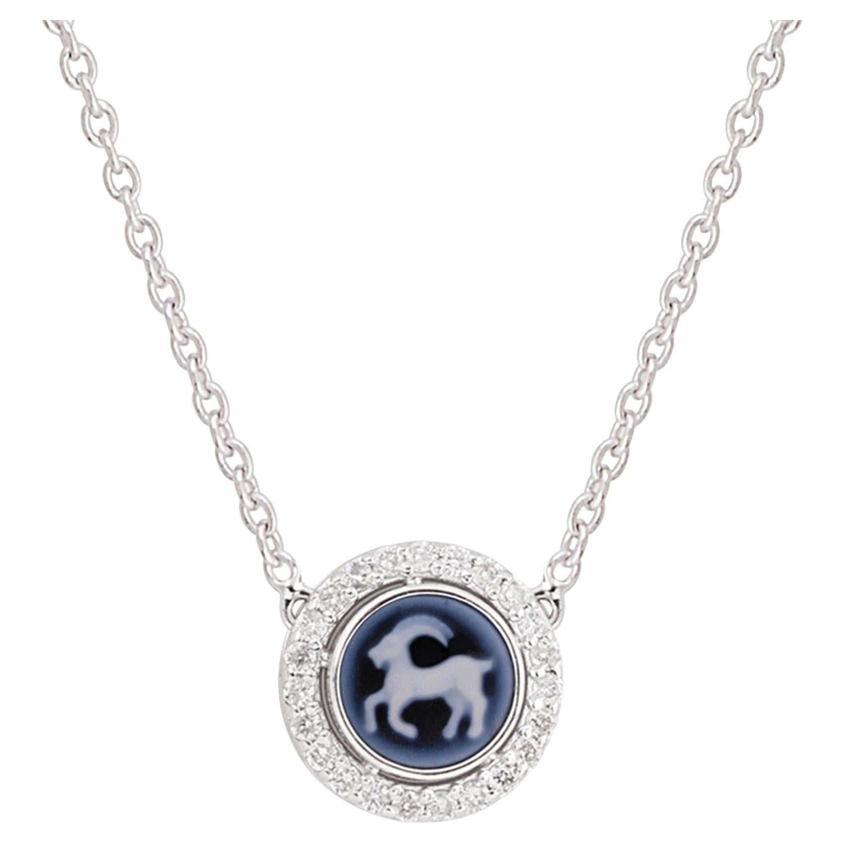 Capricorn Zodiac Sign H/SI Diamond Astrological Pendant 14k White Gold Necklace For Sale