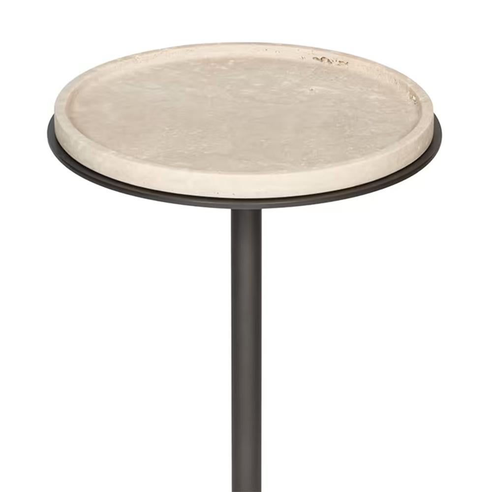 Side Table Caprio Travertine High with top and base in carved 
raw polished travertine and with steel base in bronze finish.