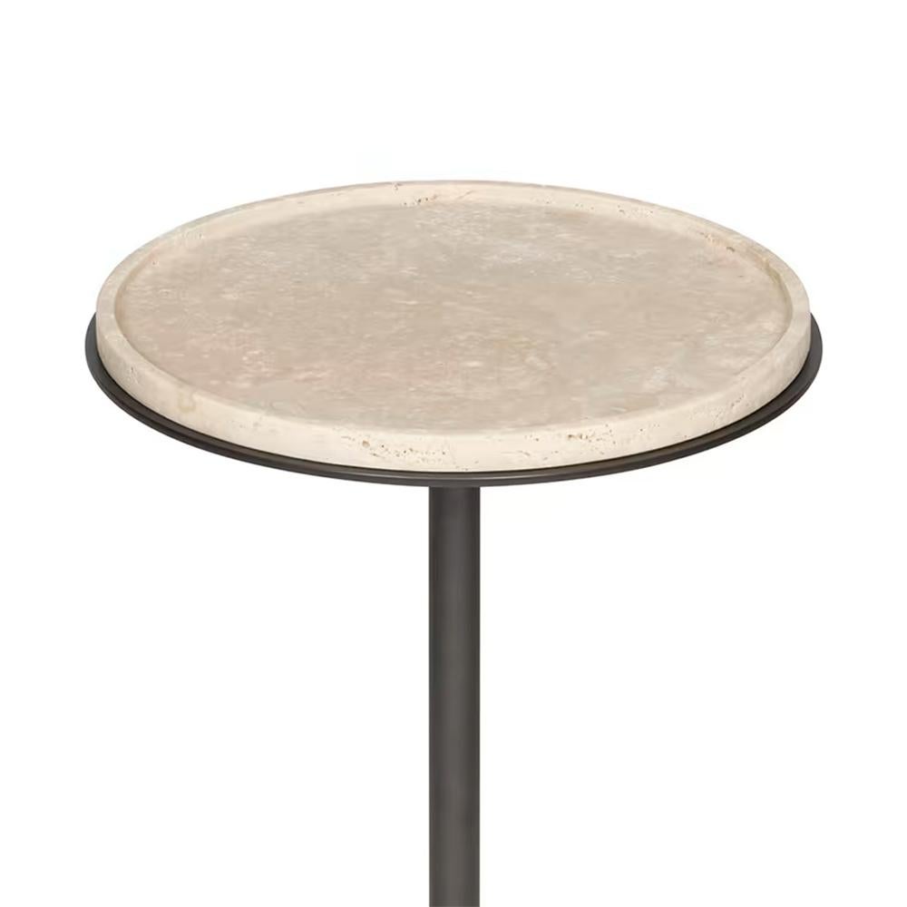 Side table caprio Travertine medium with top and base in carved. 
Raw polished travertine and with steel base in bronze finish.