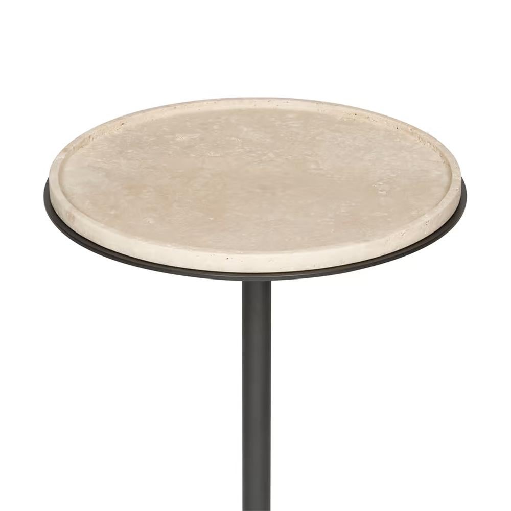 Side table caprio Travertine small with top and base in carved. 
Raw polished travertine and with steel base in bronze finish.