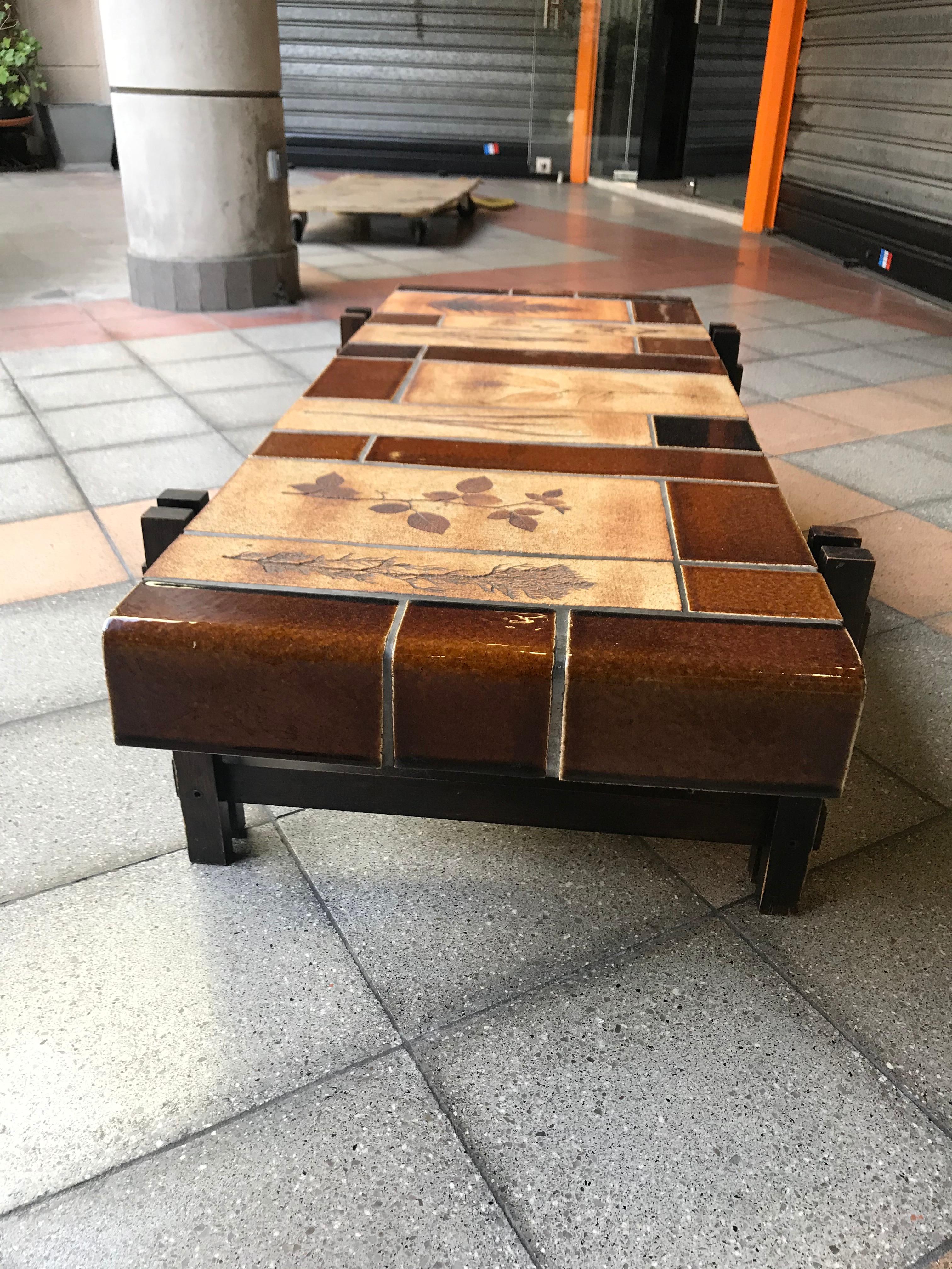 Capron Ceramic Oak Coffee Table Signed In Good Condition For Sale In Saint Ouen, FR