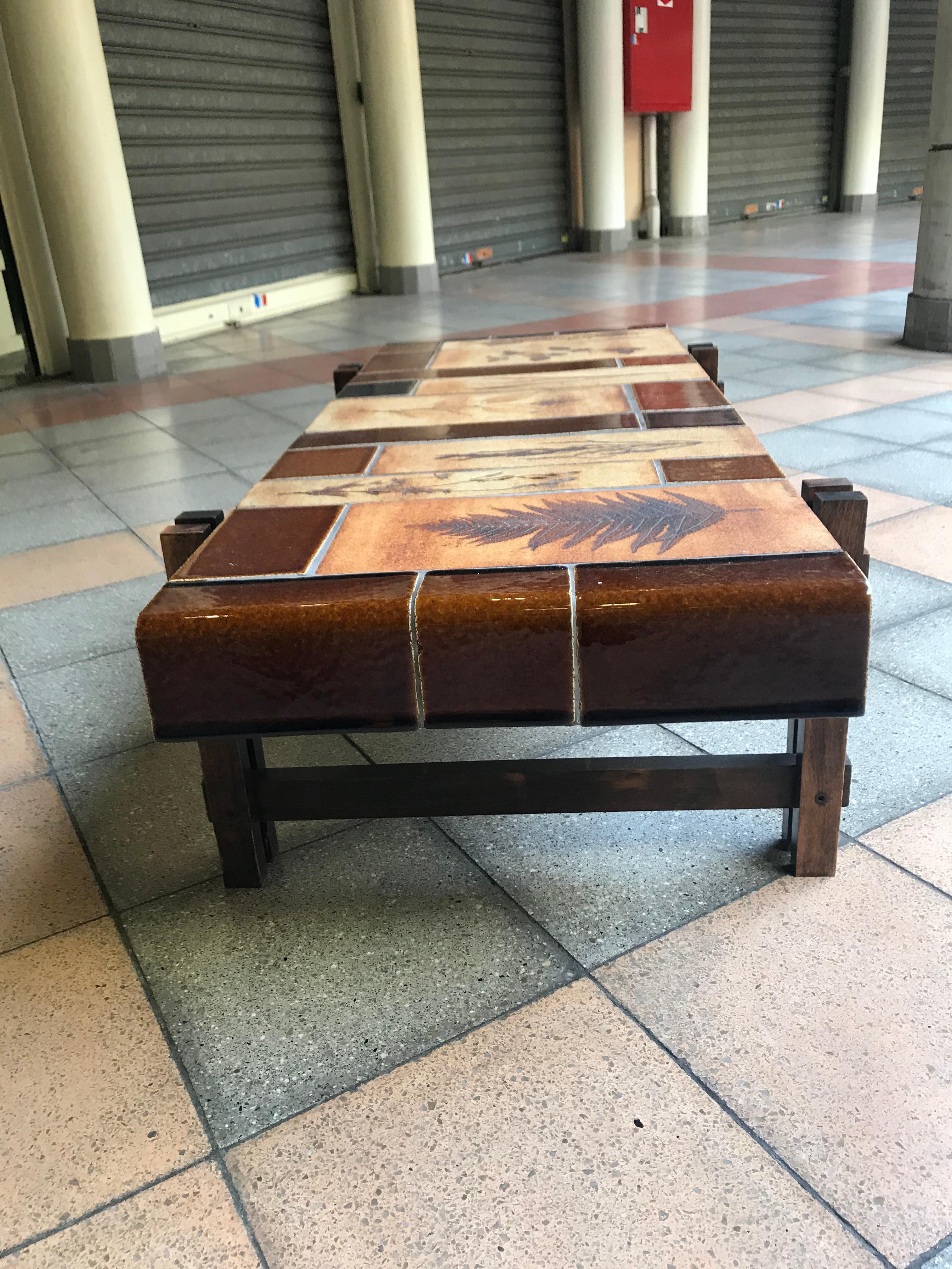 Late 20th Century Capron Ceramic Oak Coffee Table Signed For Sale